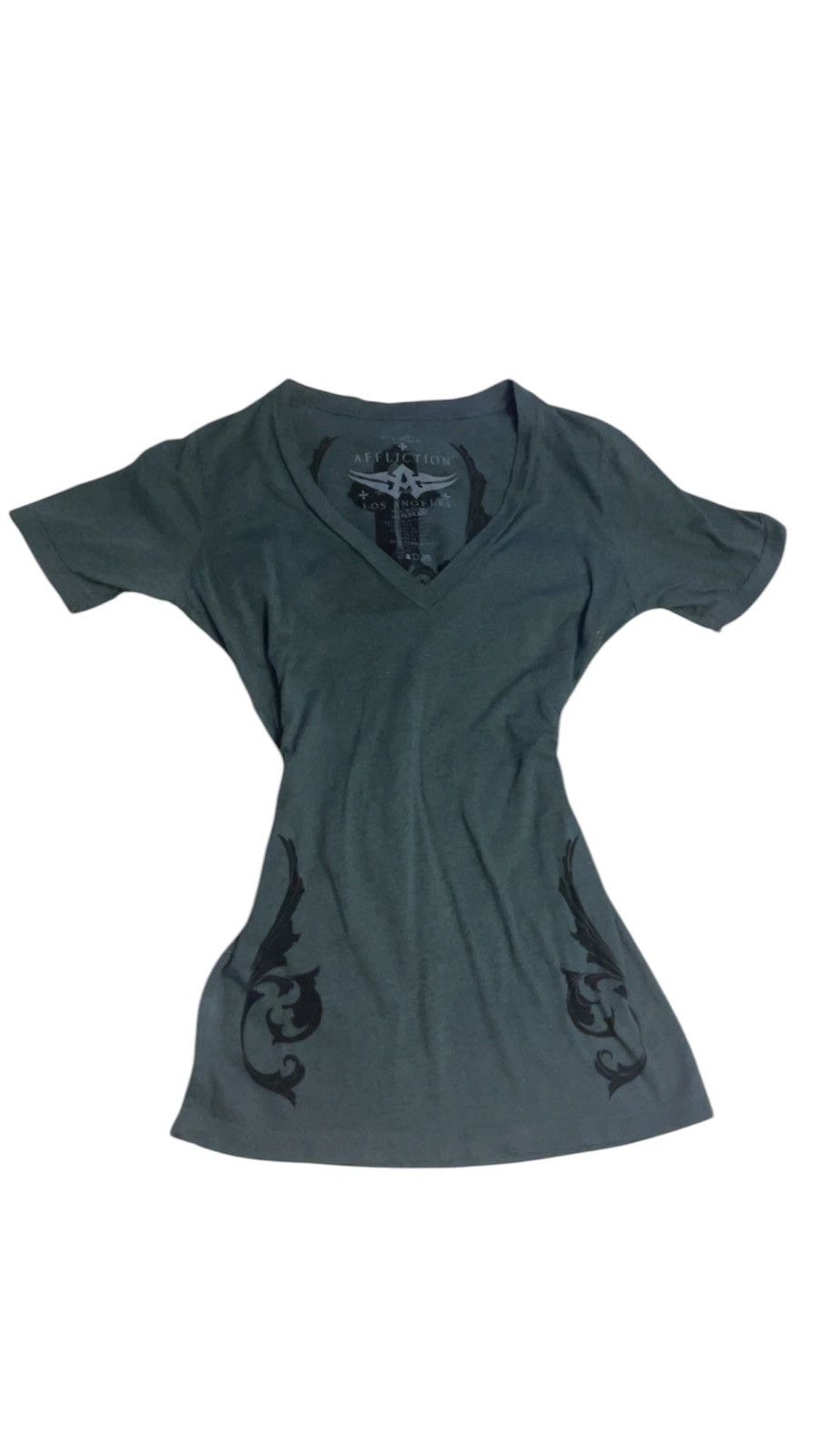 Affliction × Vintage Affliction Blue-Green V-Neck Graphic Tee – Edgy Rocker Style Size L / US 10 / IT 46 - 1 Thumbnail
