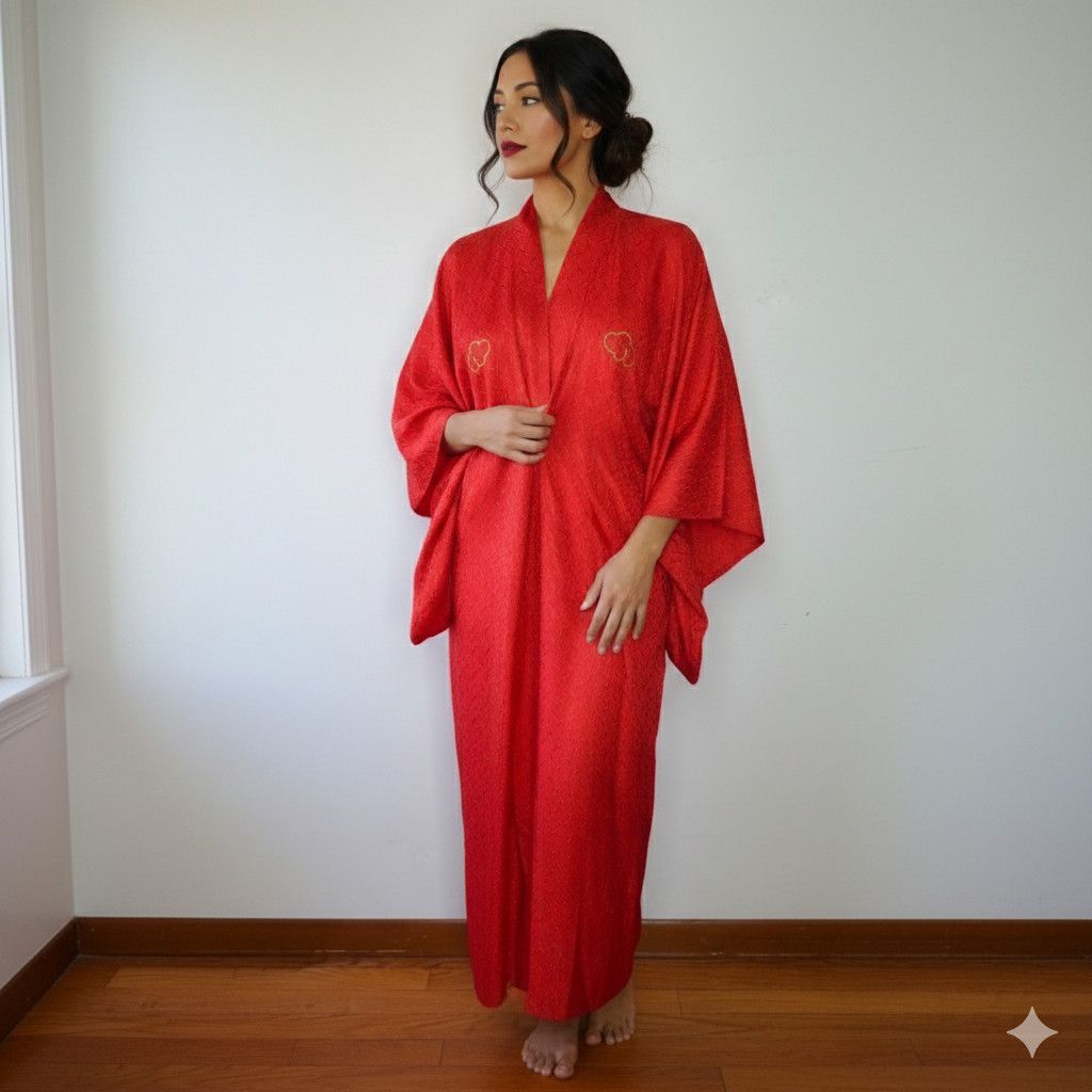 Kimono Size M House Robe Textured Red Gold Dragon Embroidery