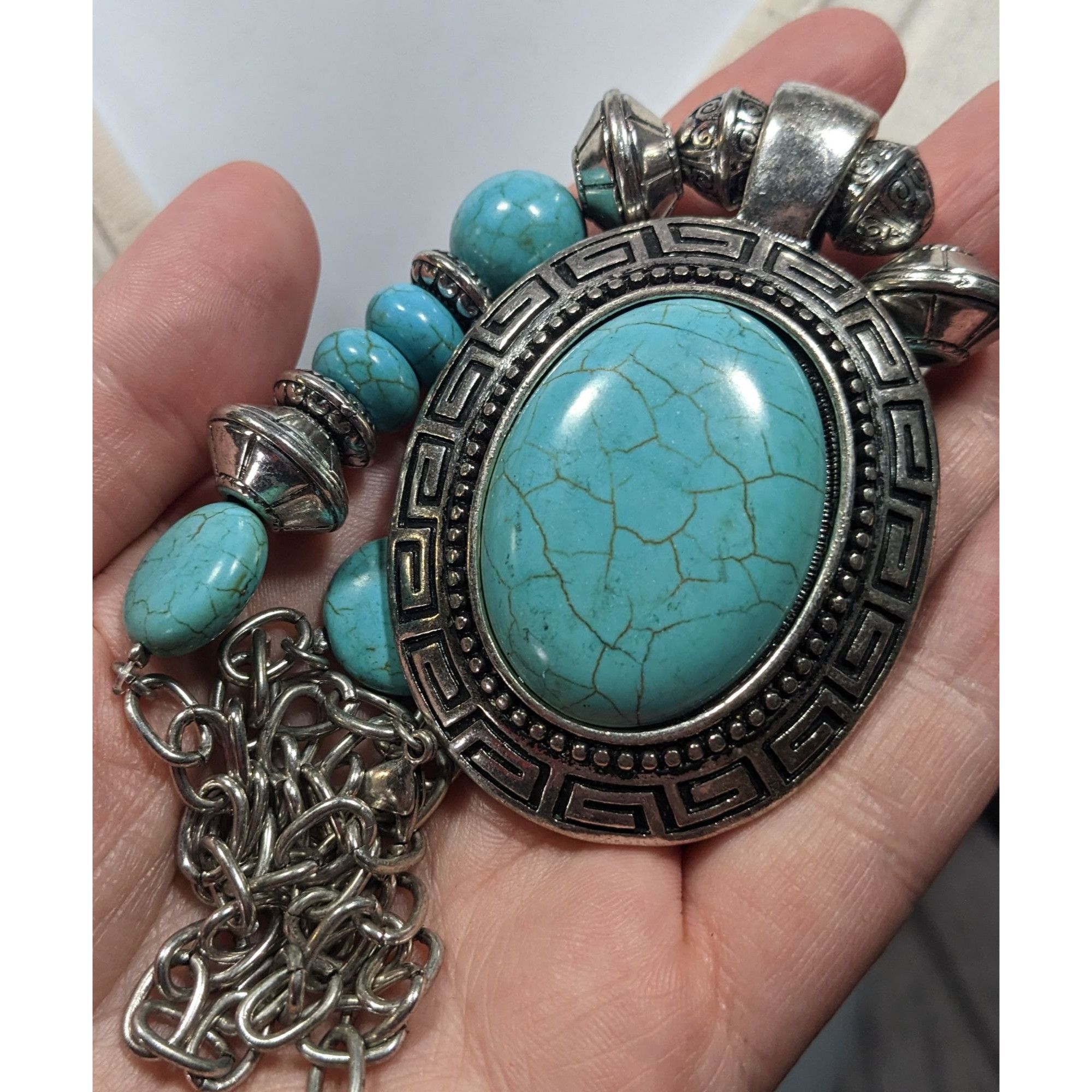 Other Bohemian Faux Turquoise Silver Tone Medallion Necklace Size ONE SIZE - 3 Thumbnail