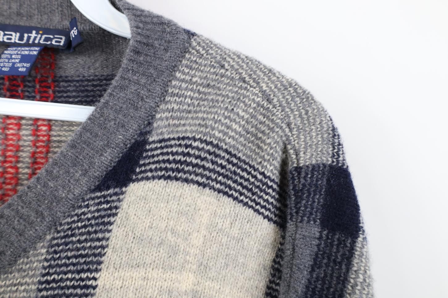Nautica Vintage 90s Nautica Wool Knit V-Neck Sweater Checkered Plaid Size US XL / EU 56 / 4 - 7 Thumbnail