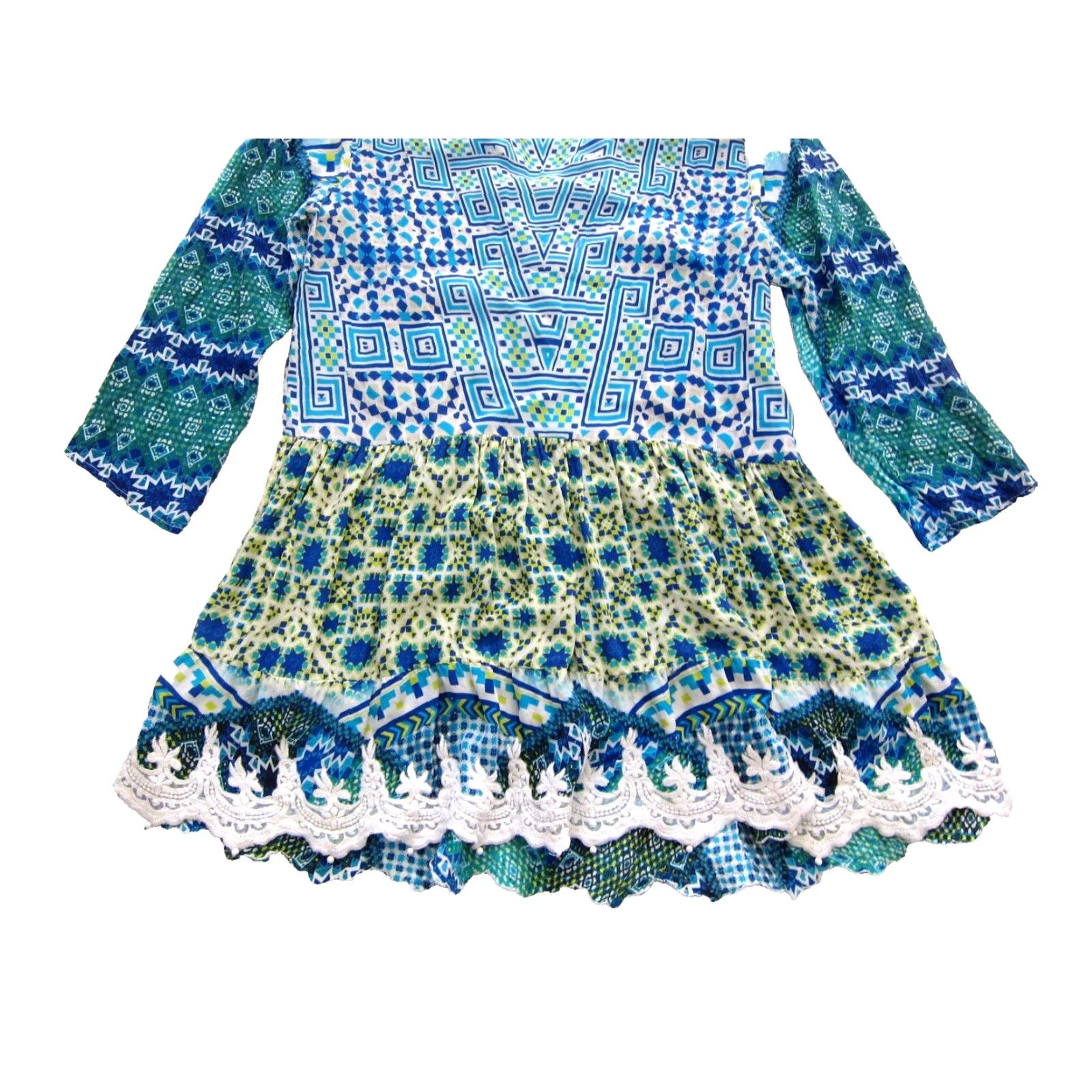 Rococo Sand VINTAGE Rococo Sand 100% Silk Blue Yellow Tassel V-Neck 3/4 Sleeve Boho Mini Dress M Size M / US 6-8 / IT 42-44 - 6 Thumbnail