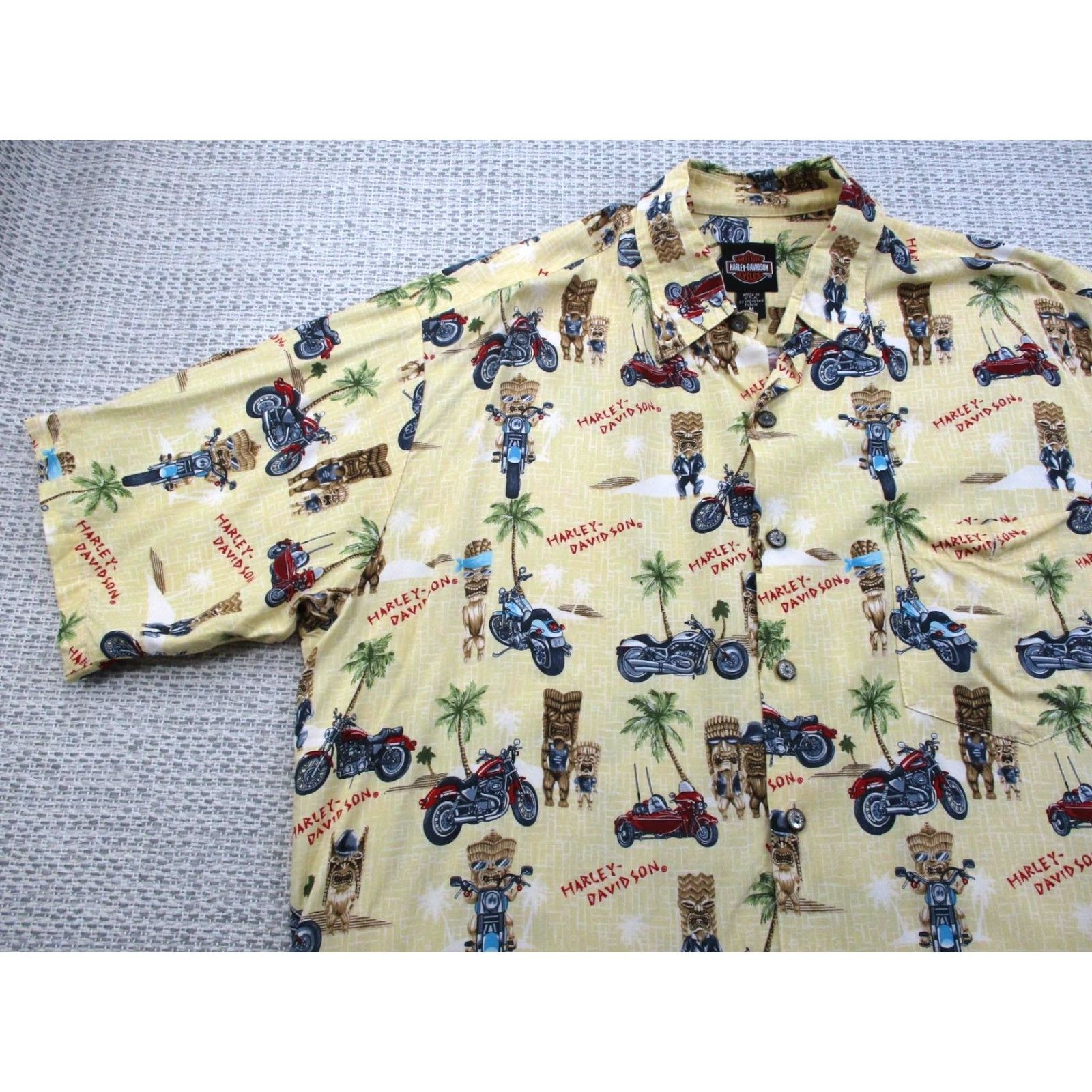 Harley Davidson Harley-Davidson Shirt Mens M Hawaiian Tiki Motorcycle Palm Tree Aloha Rayon USA Yellow Graphic Print Casual VintageSummer 70s? Size US M / EU 48-50 / 2 - 3 Thumbnail