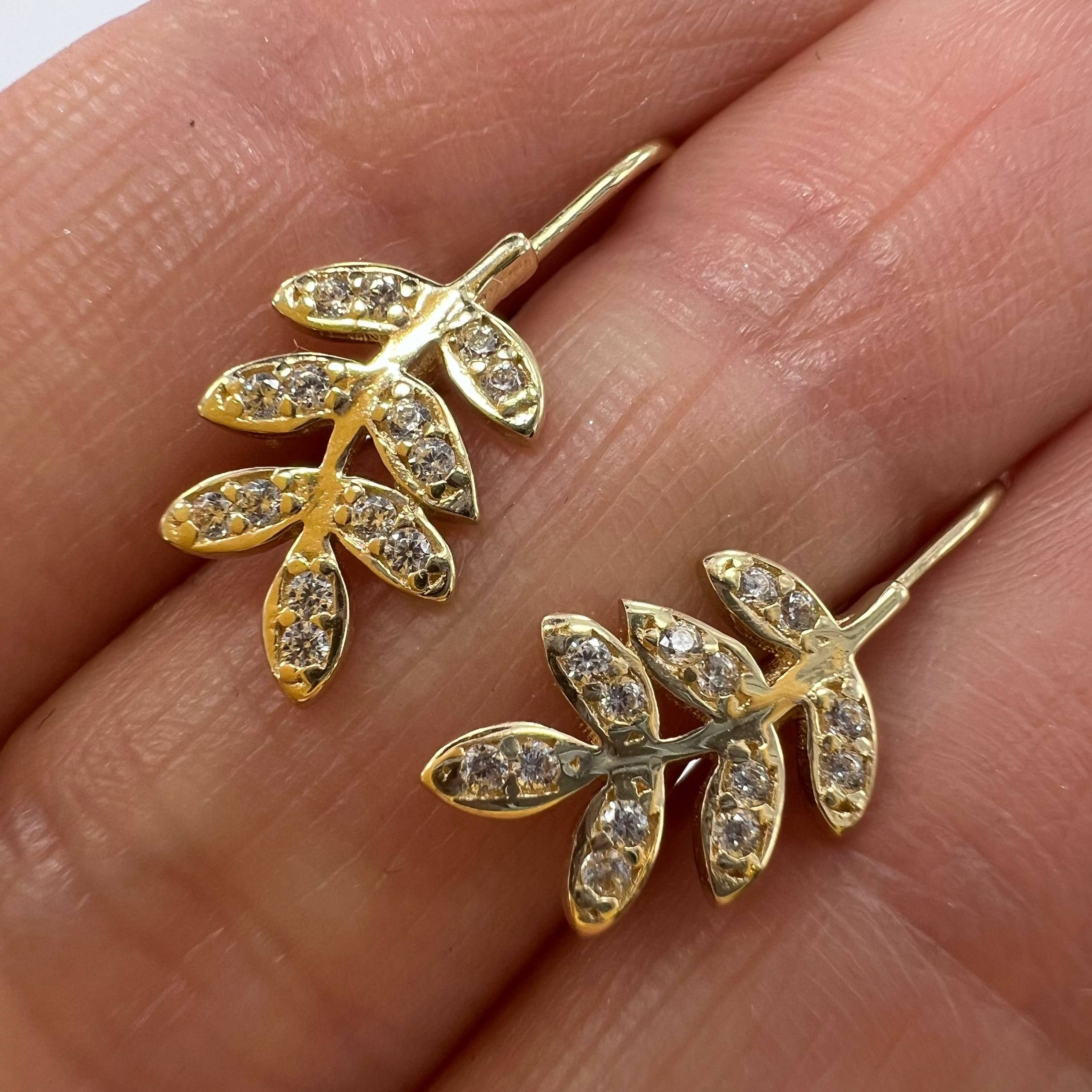 Other 14K Solid Gold Leaf Branch Earrings with CZ Stones Italy 2g Size ONE SIZE - 1 Thumbnail