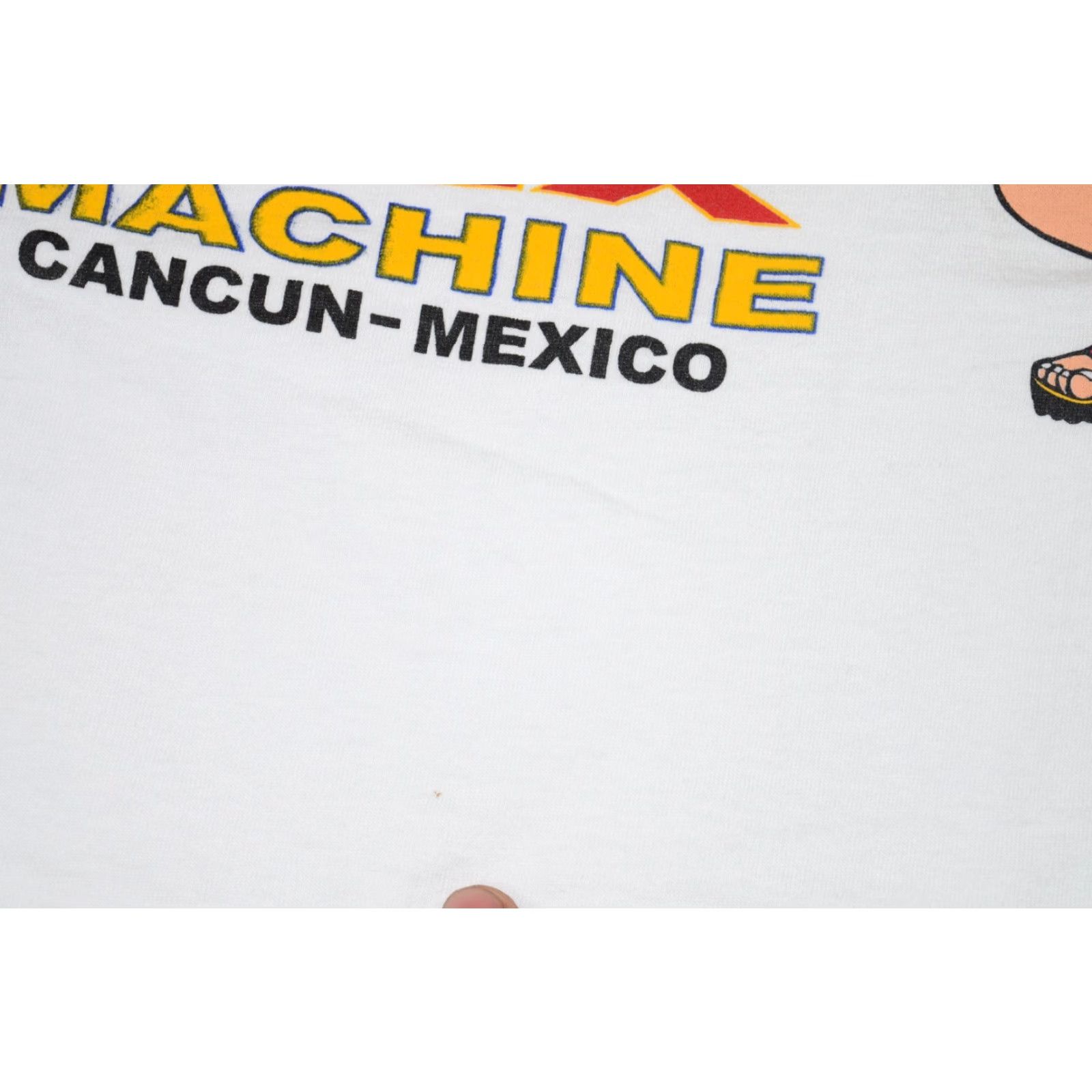 Bell VINTAGE Cancun Beer Belly Sex Machine T-Shirt Men XL White Sun and Beach Parody 90s Shirt Boxy Cropped Fit Mens Size US XL / EU 56 / 4 - 7 Thumbnail