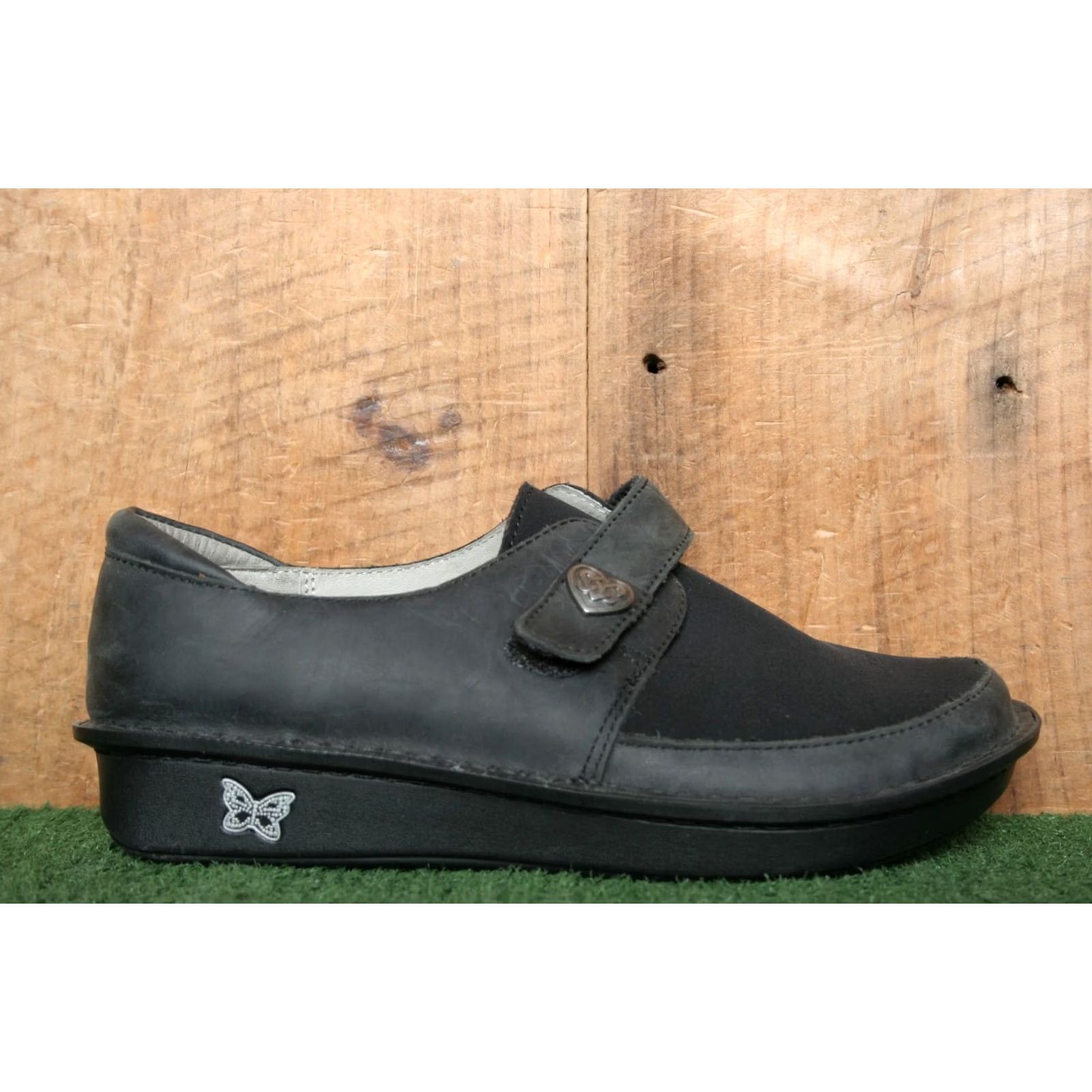 Vintage ALEGRIA Brenna Black Oiled Leather & Neoprene Loafers EVAR 38 ≈ US 8 Women Leather, Neoprene Loafer Casual Hook & Loop Women Size US 8 / IT 38 - 2 Thumbnail