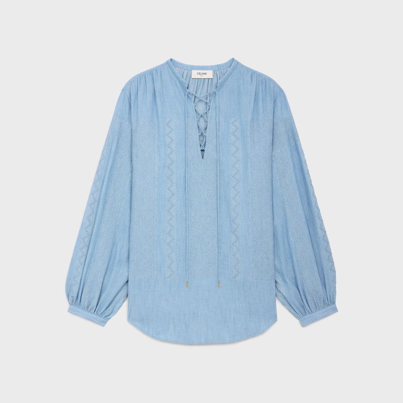 Celine o1w1db10526 2C96A3 Embroidered Romy Blouse in Blue Size XS / US 0-2 / IT 36-38 - 1 Thumbnail