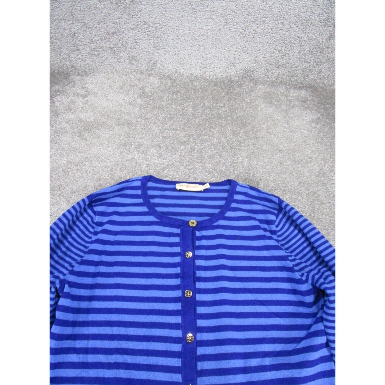 Tory Burch VINTAGE Tory Burch Women's Sweater Cardigan Small Blue Striped Crew Neck Long Sleeve Cotton Blend 90s Girls Size S / US 4 / IT 40 - 2 Thumbnail