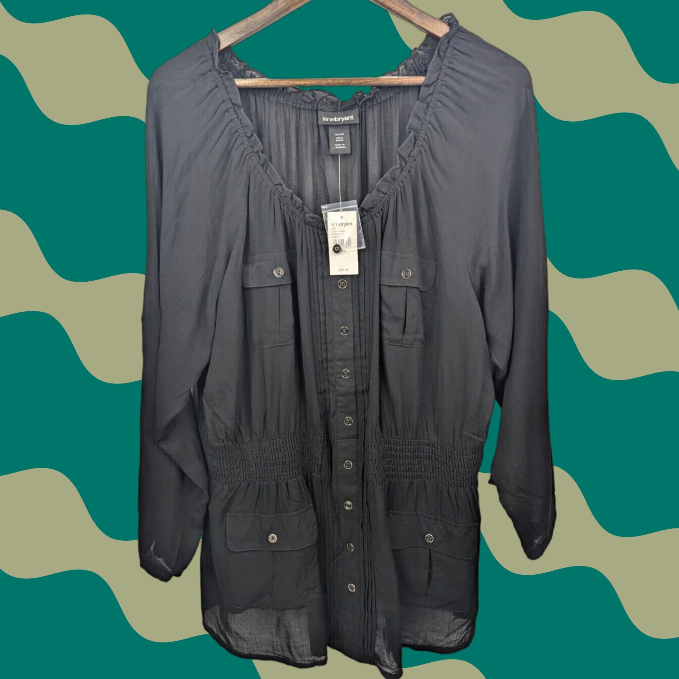 Vintage Lane Bryant Blouse Shirt | Plus Size 18/20 | Black Rayon Roll Tab Sleeve Front Button Pockets | 3/4 Sleeve | Round Neck | Women Size XXL / US 16-18 / IT 52-54 - 1 Thumbnail