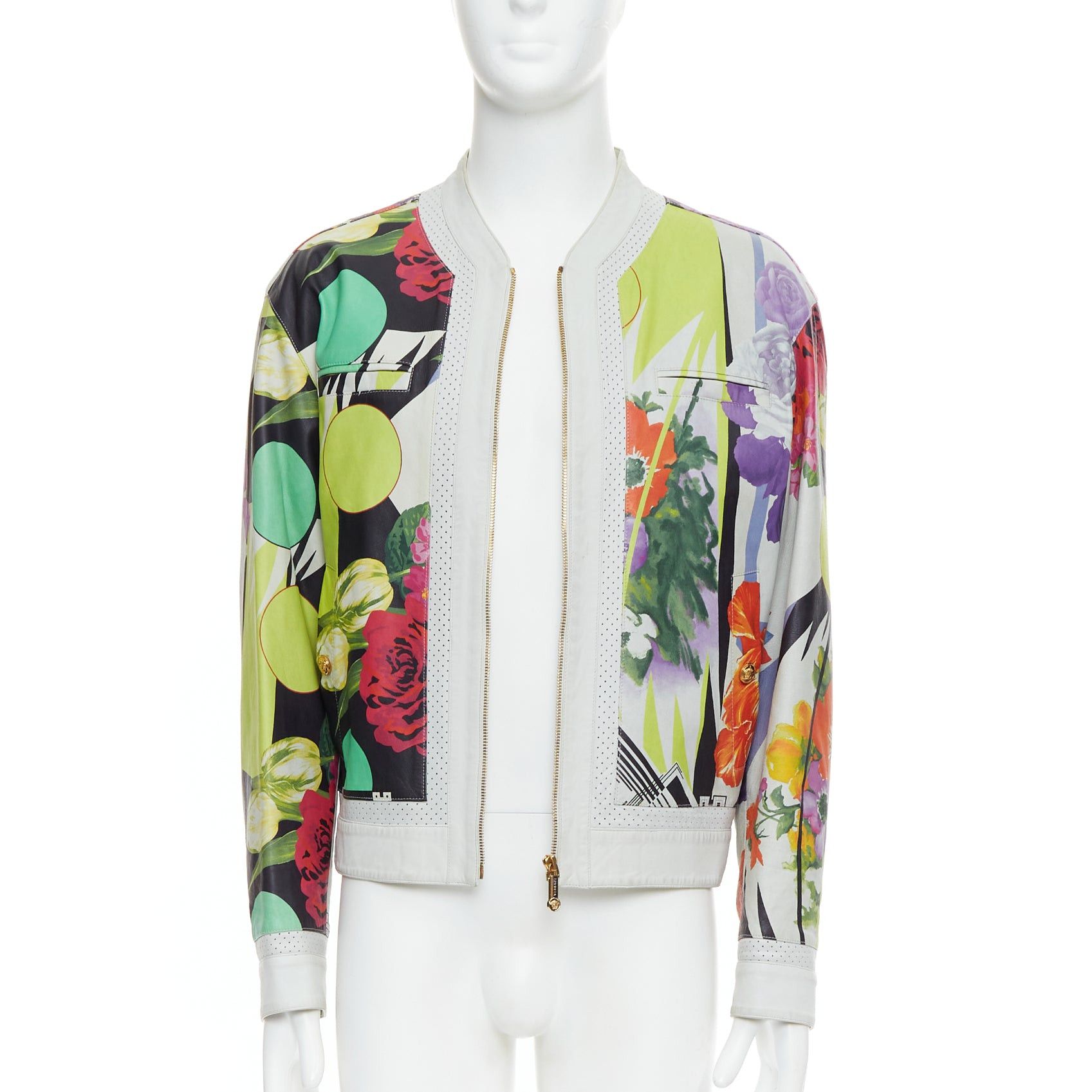 Versace VERSACE 2013 Runway white leather geometric tropical print bomber IT50 L Size US L / EU 52-54 / 3 - 1 Thumbnail