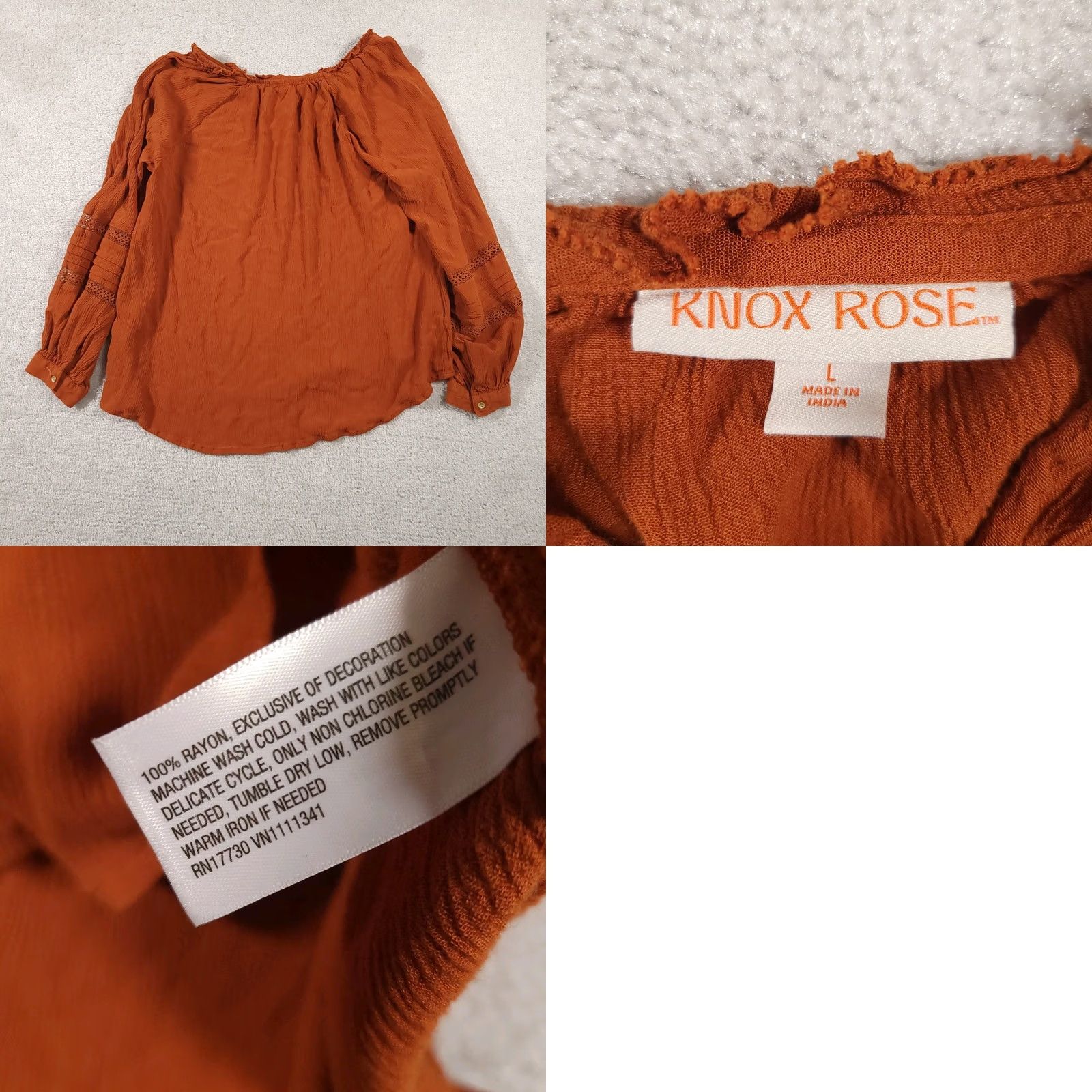 Vintage Knox Rose Shirt Women's Large Burnt Orange Long Sleeve Boho V-Neck Lightweight Shirt Size L / US 10 / IT 46 - 8 Thumbnail