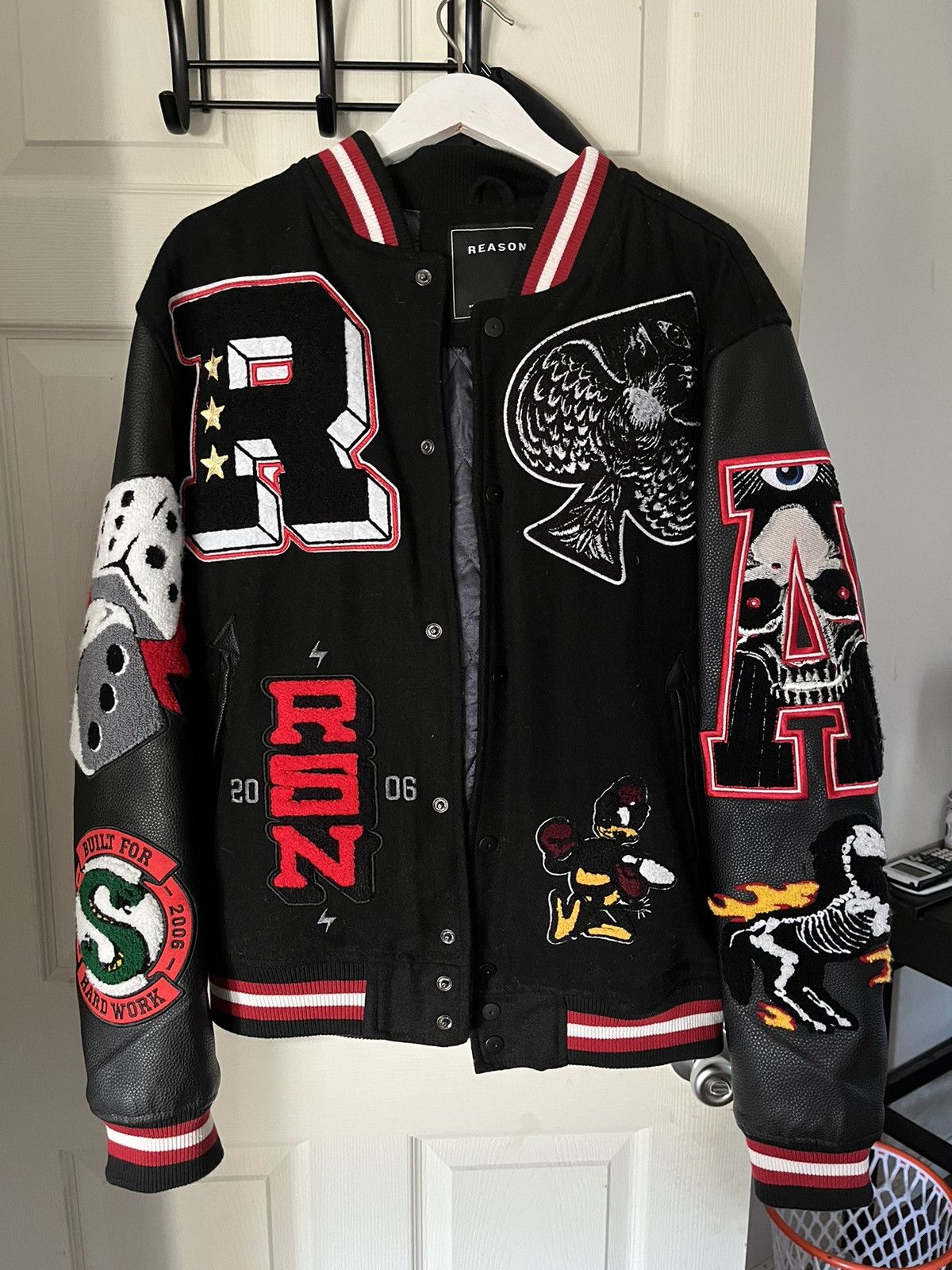 image of Patchwork Reason Varsity Jacket in Black, Men's (Size Large)