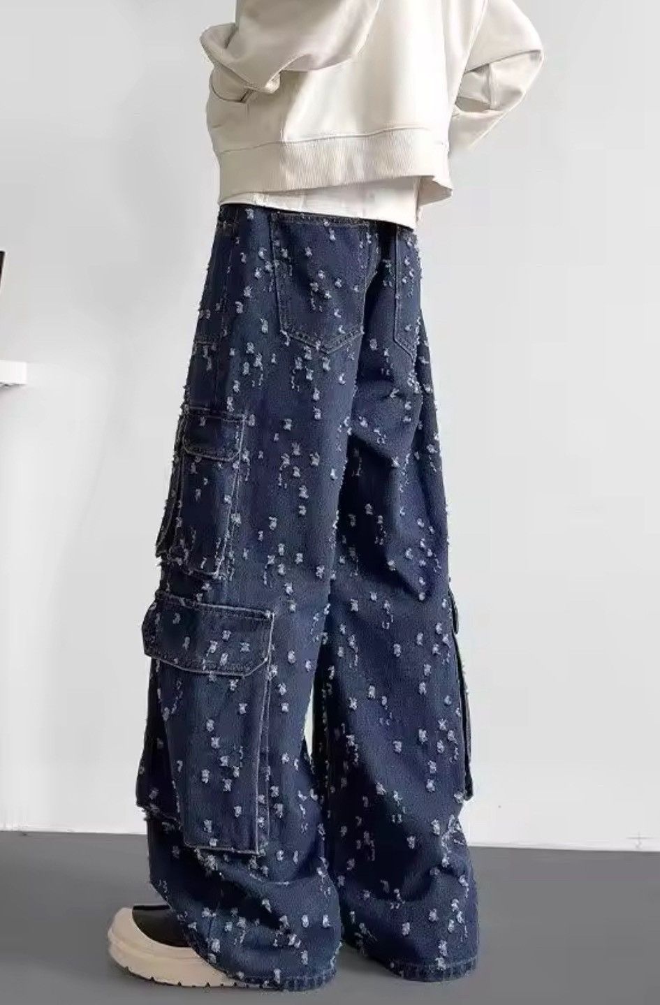 Japanese Brand Distressed Dot Denim Cargo Pants – Relaxed Fit, Vintage-Insp Size US 27 - 3 Thumbnail