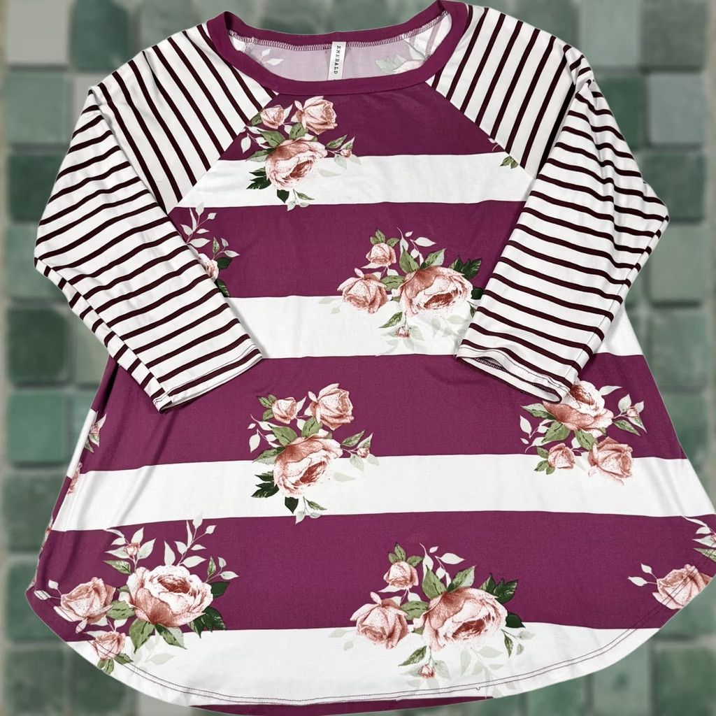 Pinko Emerald Shirt Womens Medium Pink White Floral Stripe 3/4 Sleeve Raglan Tunic Size M / US 6-8 / IT 42-44 - 1 Thumbnail