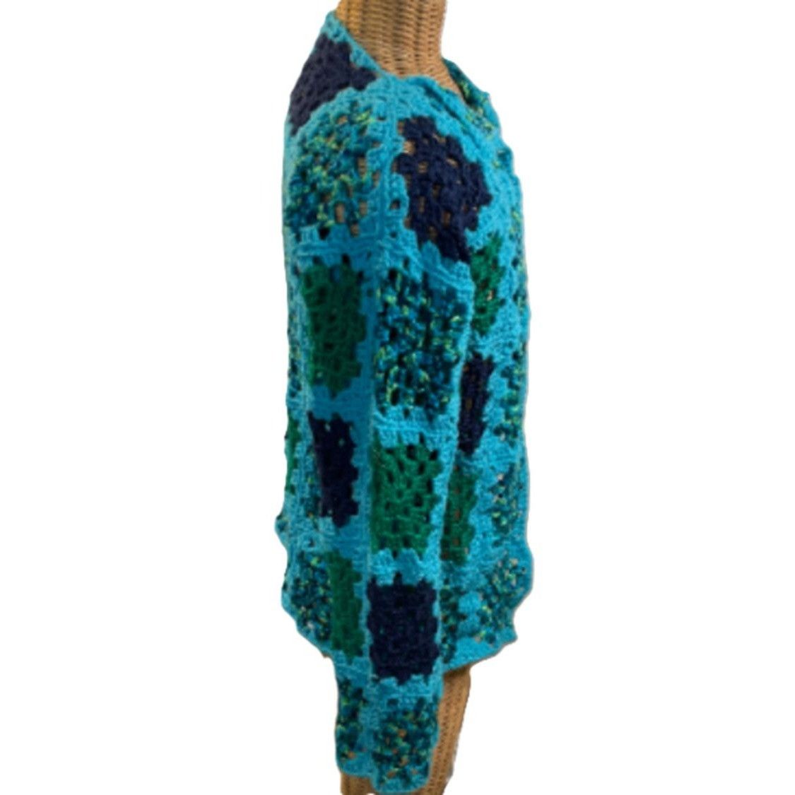 Handmade Crochet Cardigan Sweater Granny Square Turquoise Blue Green Size ONE SIZE - 4 Thumbnail