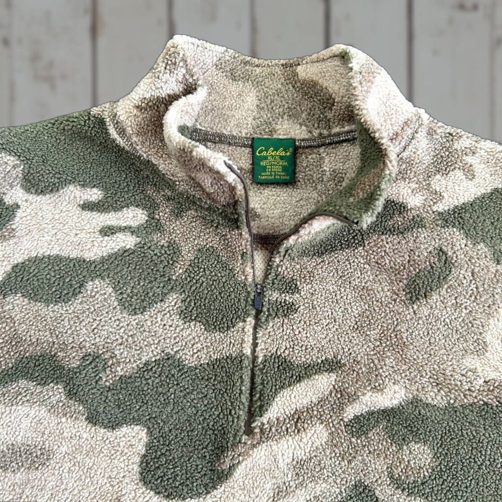 VINTAGE Cabela's Camouflage Pullover 1/4 Zip Jacket XL Green Beige Men Regular Stand-Up Collar