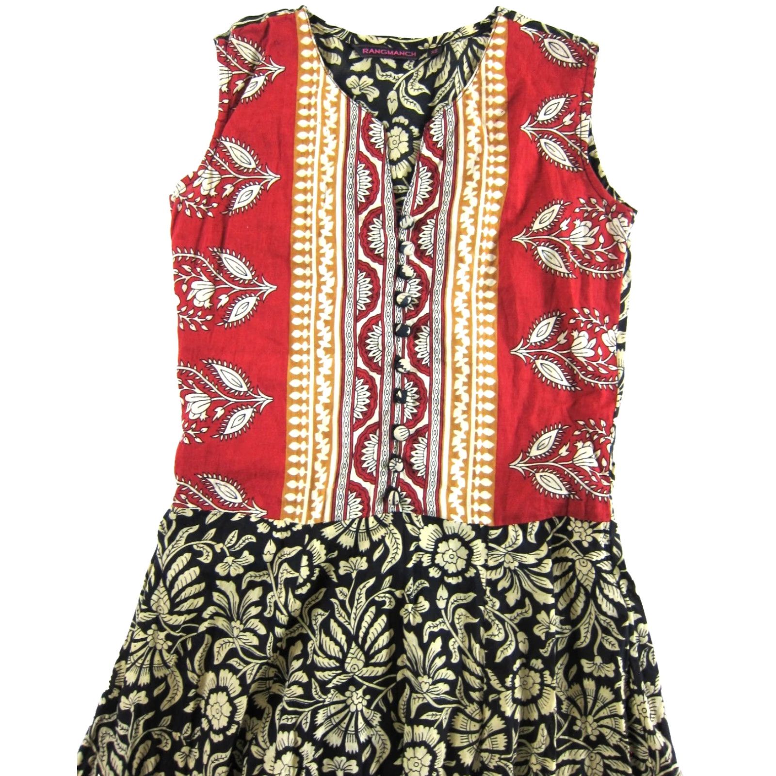 Vintage Rangmanch Cotton Red Yellow Black Floral Sleeveless Long Maxi Kurta Dress XS Size XS / US 0-2 / IT 36-38 - 3 Thumbnail