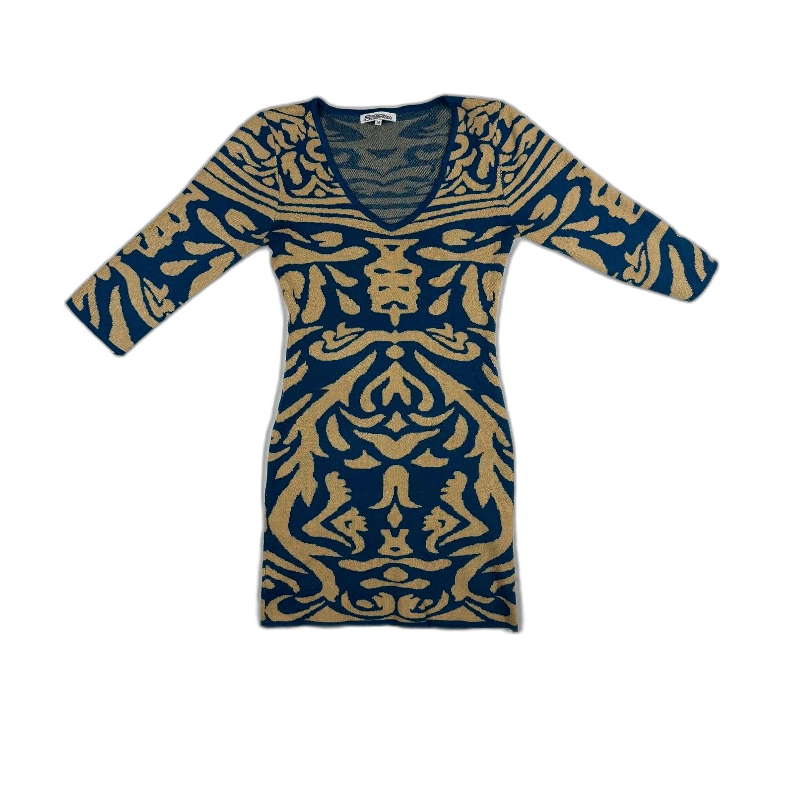 Vintage Stillettos Knit Sweater Dress Blue Gold Boho Pattern Fitted Size XXS / US 00 / IT 34 - 1 Preview