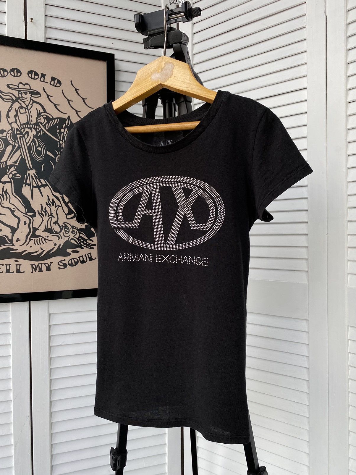 Armani Exchange × Japanese Brand Armani Exchange Rhinestone Crystals Diamante Logo Tee Shirt Size XS / US 0-2 / IT 36-38 - 2 Thumbnail