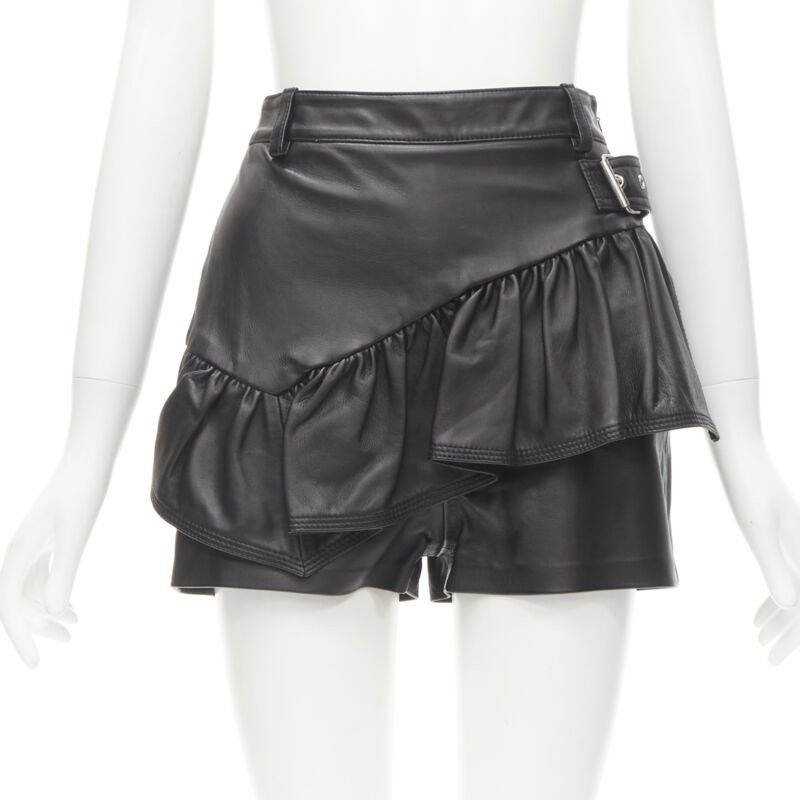 3.1 Phillip Lim 3.1 PHILLIP LIM black leather ruffle biker buckle high rise shorts US0 XS Size 25" / US 0 / IT 36 - 1 Thumbnail
