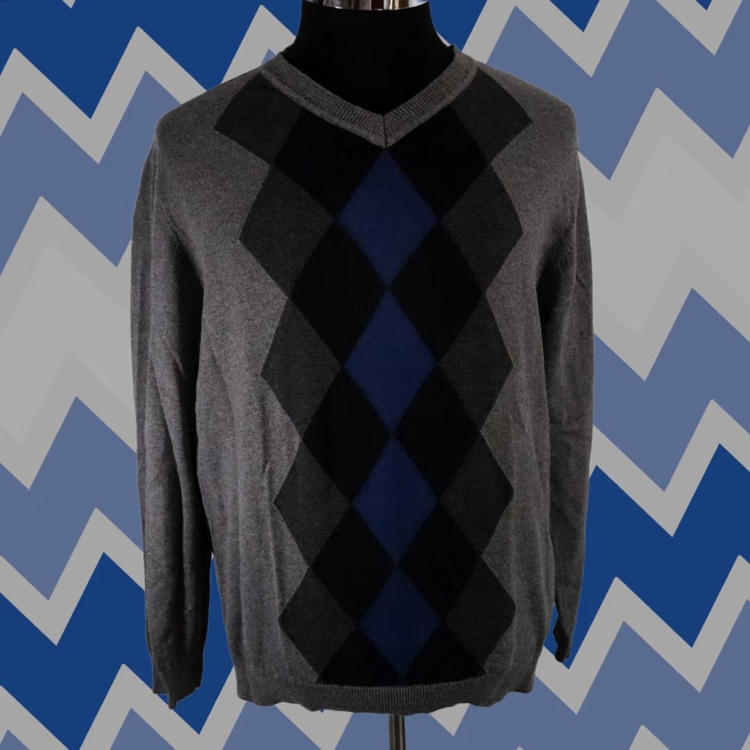 Vintage Axcess Sweater Mens Medium Gray Knit V-Neck Pullover Argyle Diamond Long Sleeve Size US M / EU 48-50 / 2 - 1 Thumbnail
