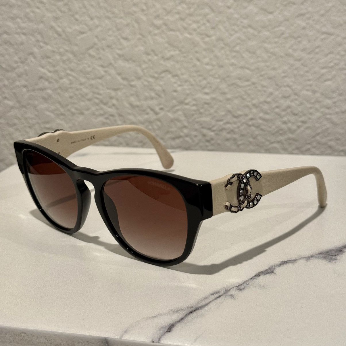 Chanel Chanel 5455-Q-B Black Acetate & Beige Leather Sunglasses Size ONE SIZE - 1 Thumbnail