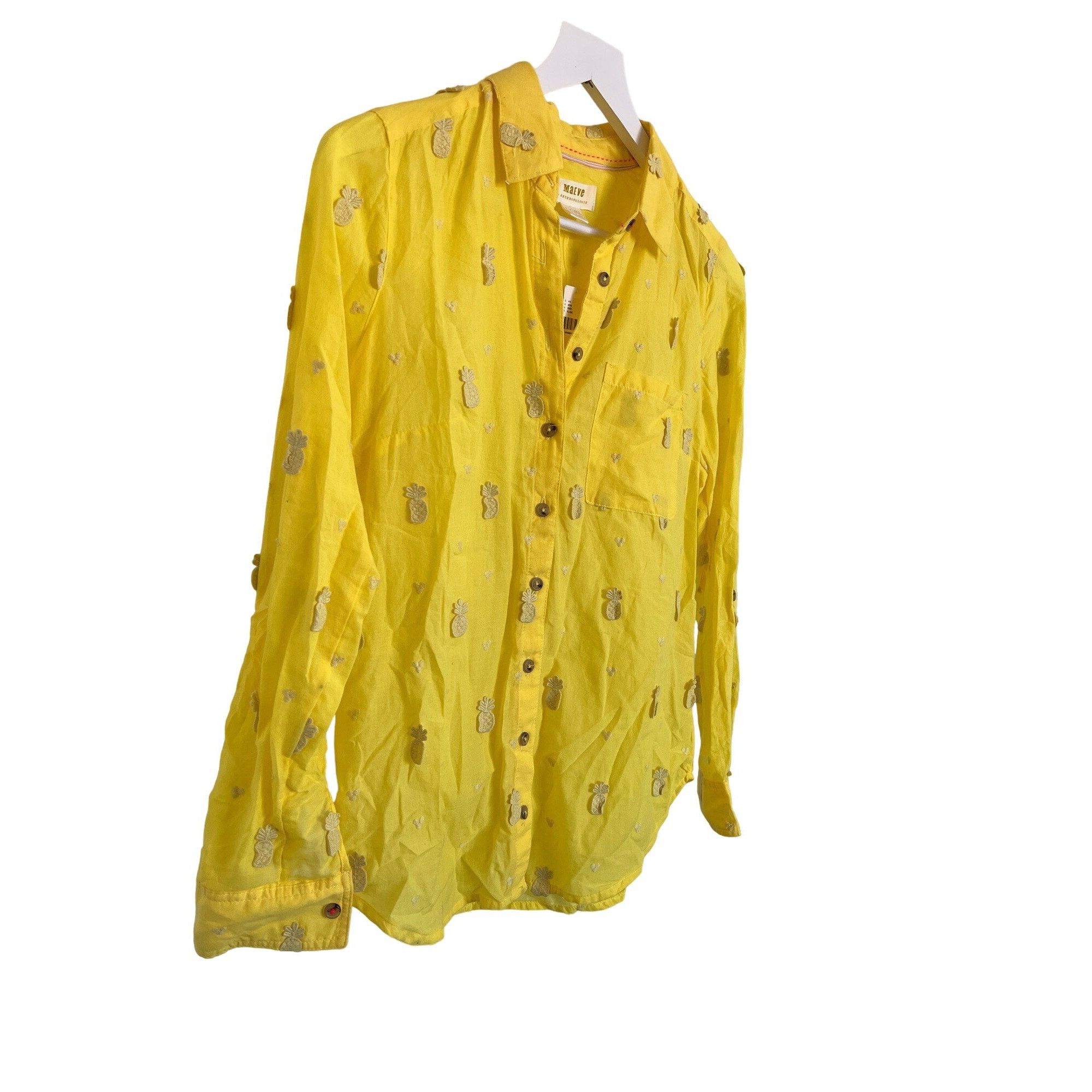 Anthropologie Maeve Yellow Whimsical Pineapple Embroidery Button-Down Shir Size XS / US 0-2 / IT 36-38 - 6 Thumbnail