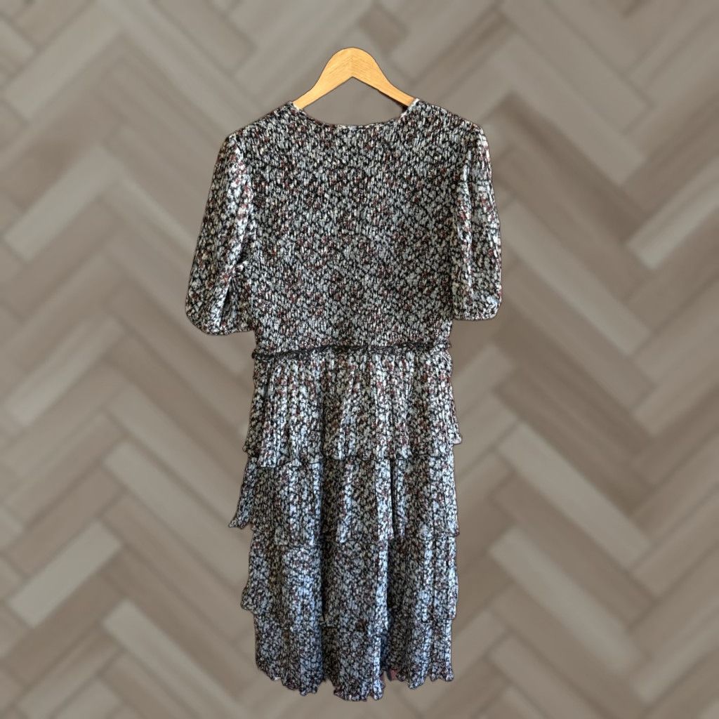 VINTAGE Ganni Womens Gloral Short Sleeve Pleated Georgette Layer Smock Midi Dress 42 NWT