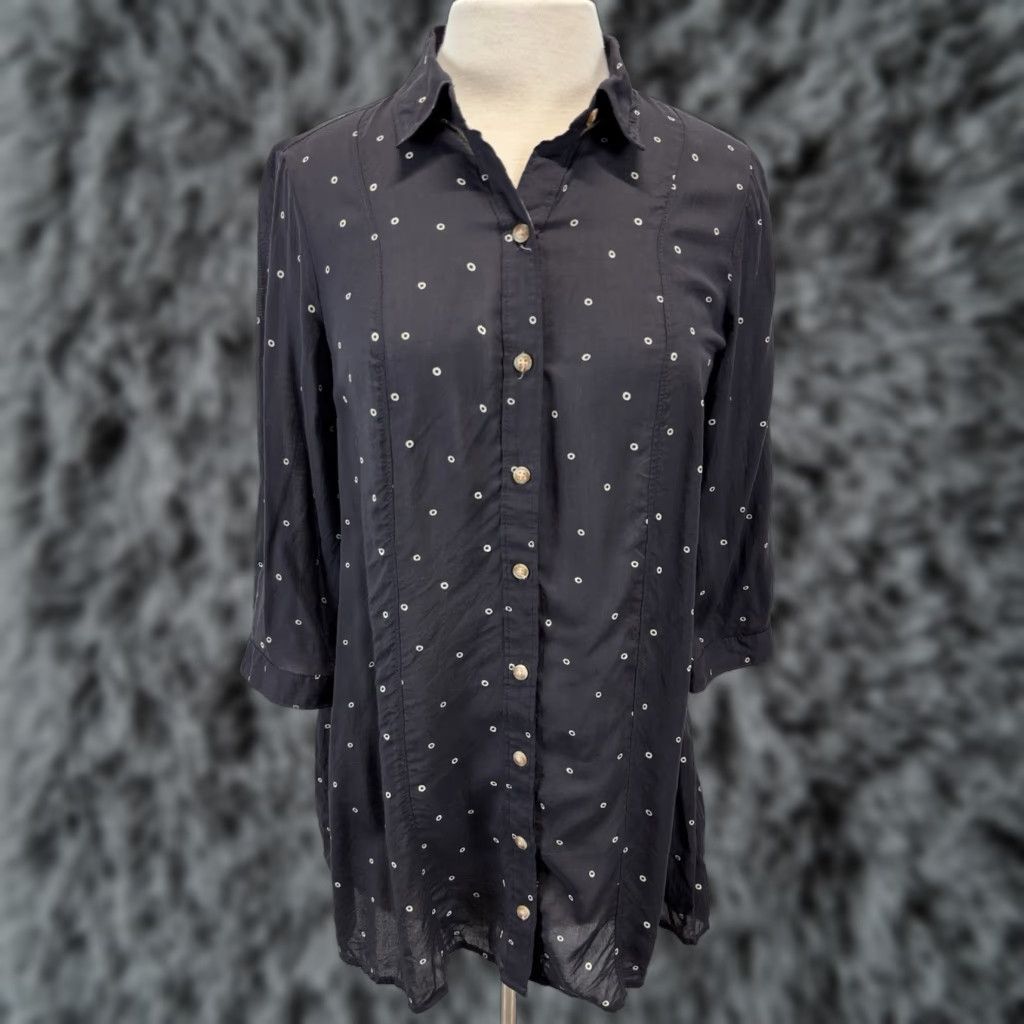 Vintage MAEVE Anthropologie Polka Dot Tunic Shirt Blouse S Blue Lightweight Semi-Sheer 3/4 Sleeve Business Casual Womens Size S / US 4 / IT 40 - 1 Thumbnail
