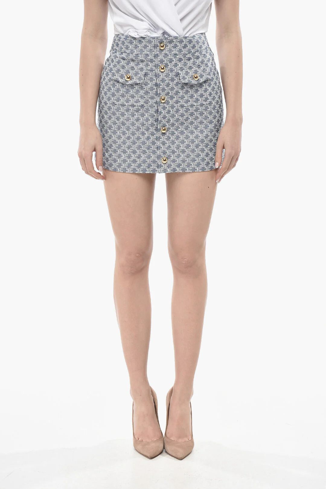 Celine og1mm0326 Cotton Jacquard A-Line Mini Skirt in Light Blue Size 26" / US 2 / IT 38 - 1 Thumbnail