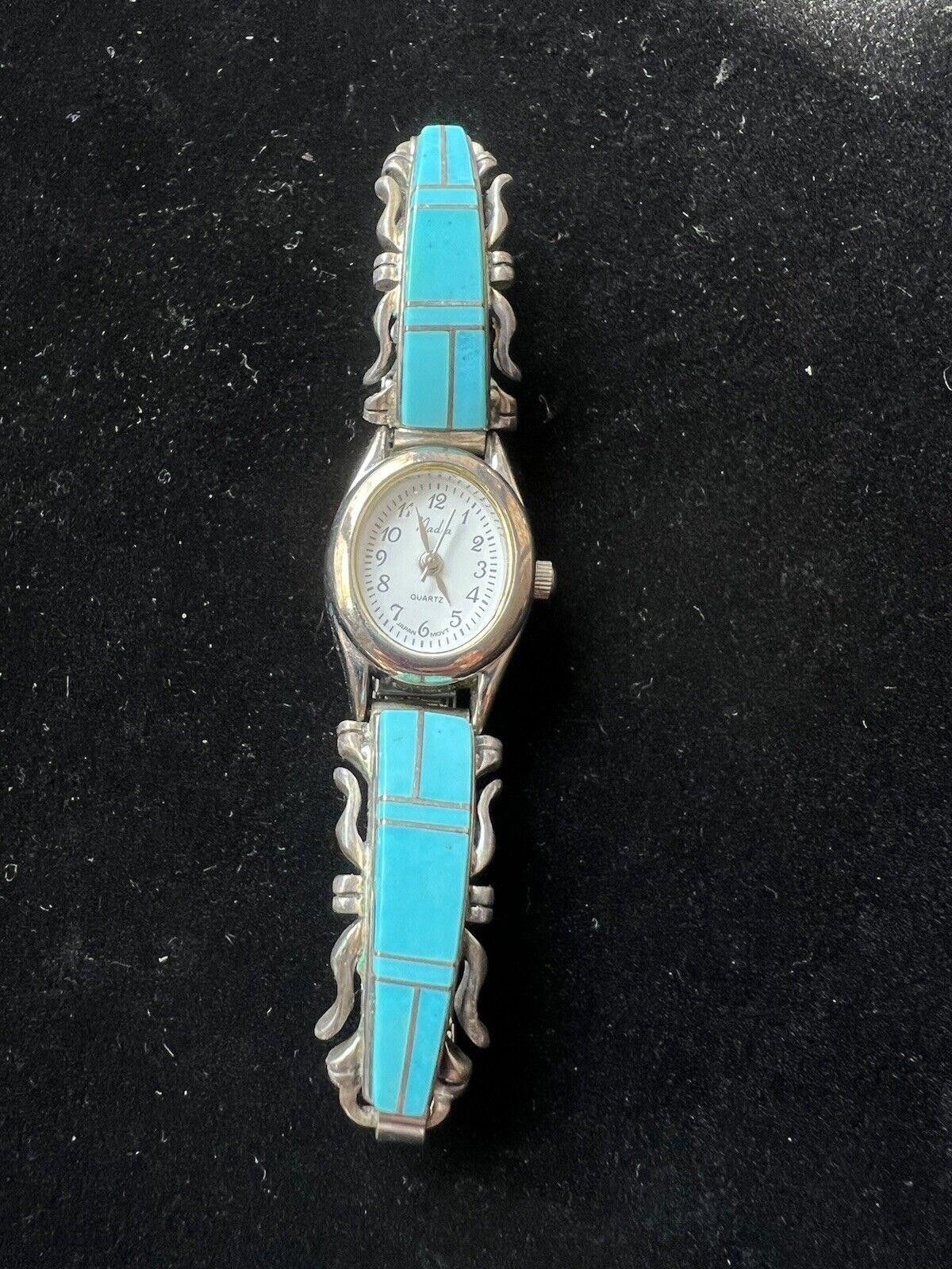 Designer Calvin Begay Navajo Turquoise Inlay Watch Working Size ONE SIZE - 1 Thumbnail