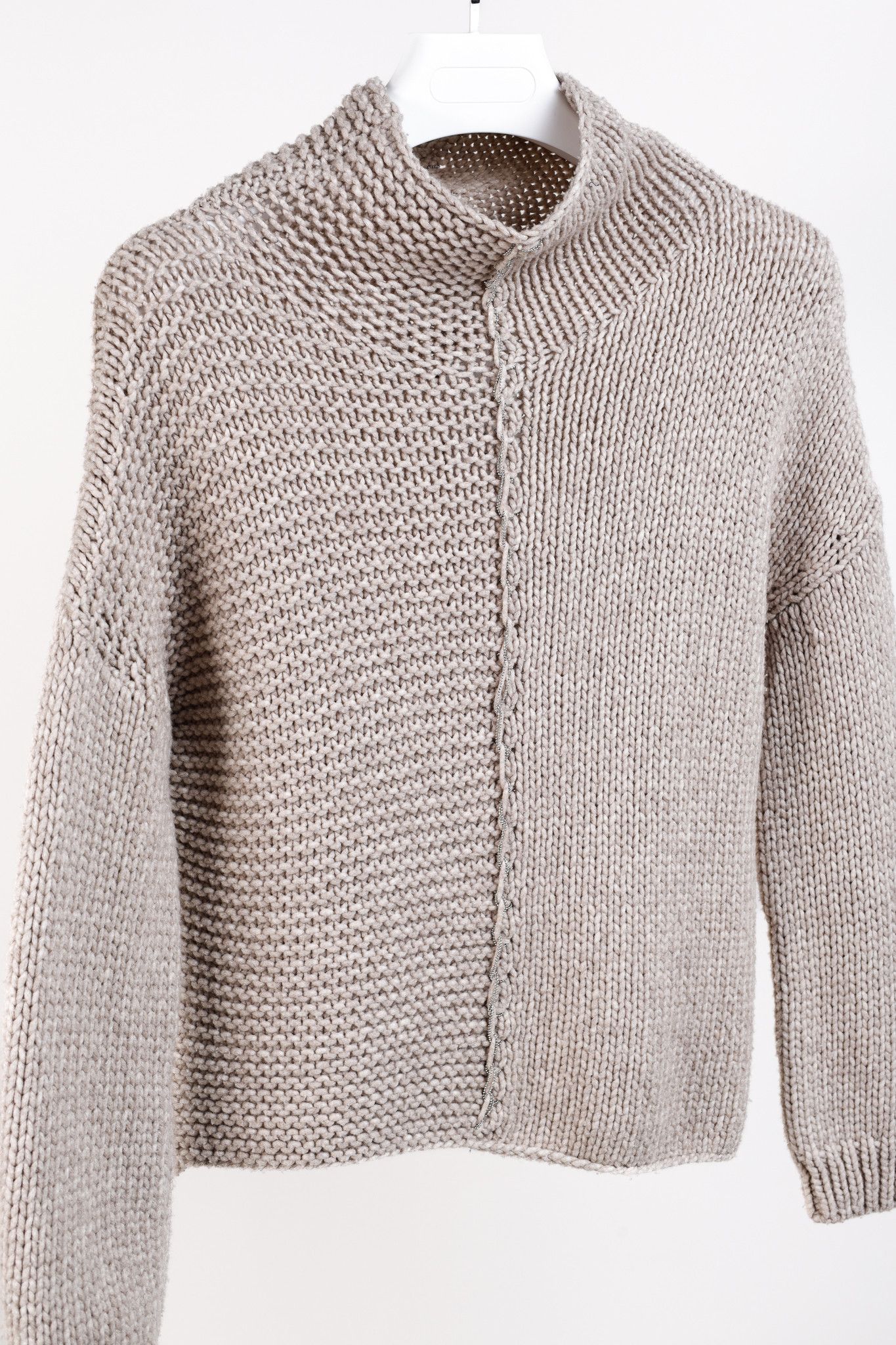 Fabiana Filippi Fabiana Filippi Taupe Merino-Wool Beaded High-Neck Sweater Size S / US 4 / IT 40 - 3 Thumbnail