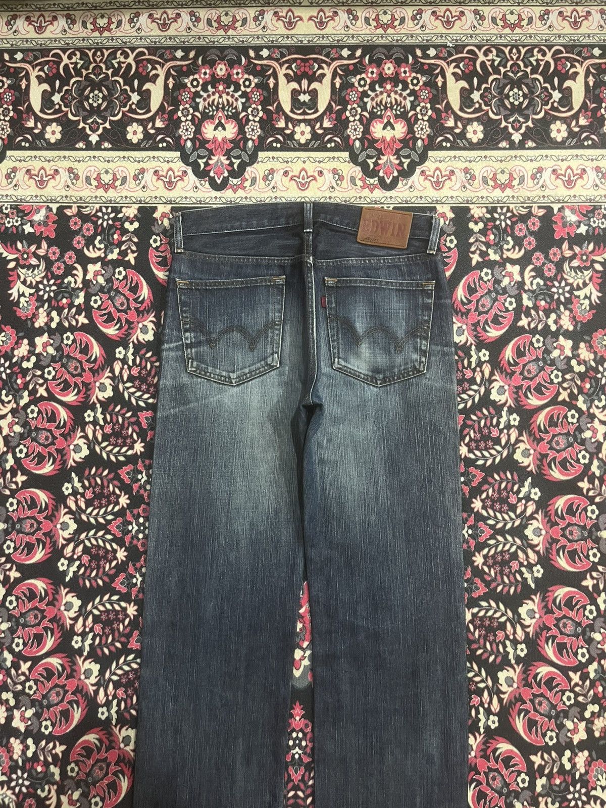 Edwin Edwin 503ZZ Dark Blue Faded Whisker Ripped Straight Leg Jean Size US 31 - 6 Thumbnail