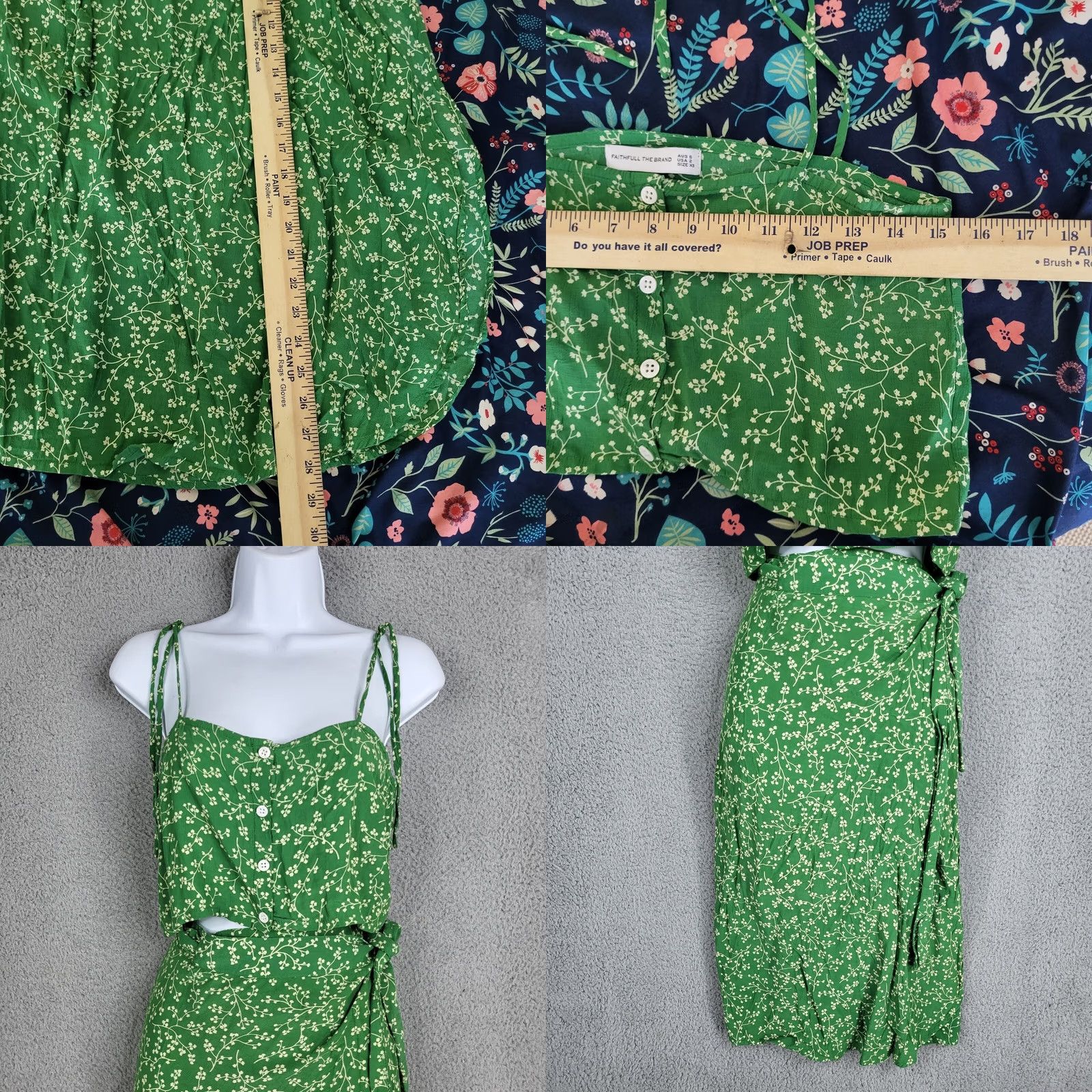 Vintage FAITHFULL THE BRAND Dress Set Violette Green Floral Midi Sleeveless A-Line 2 Women Size XS / US 0-2 / IT 36-38 - 8 Thumbnail