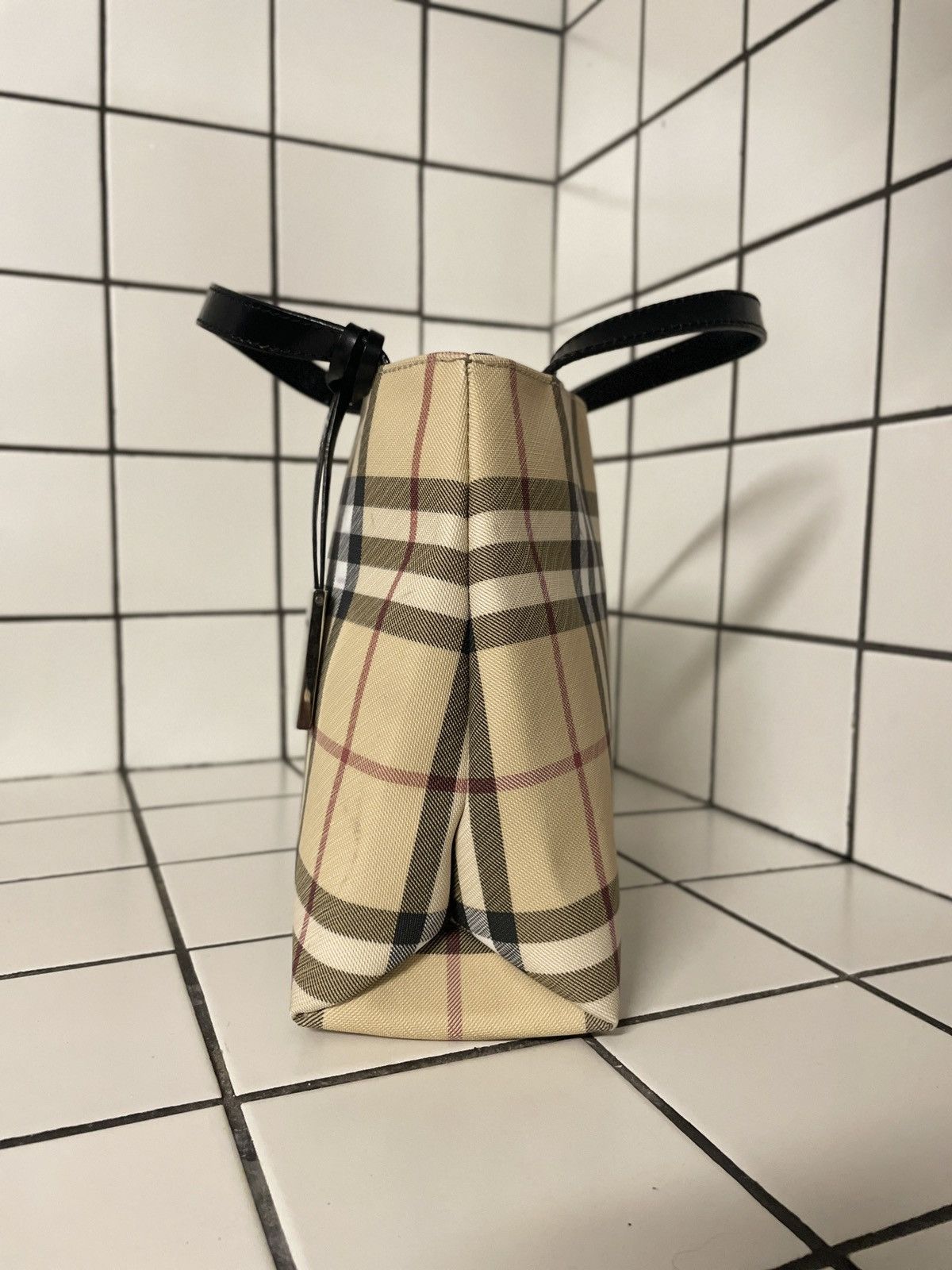Burberry VTG BURBERRY Nova Check Leather-Canvas Tote Hand Bag Purse S Size ONE SIZE - 10 Thumbnail
