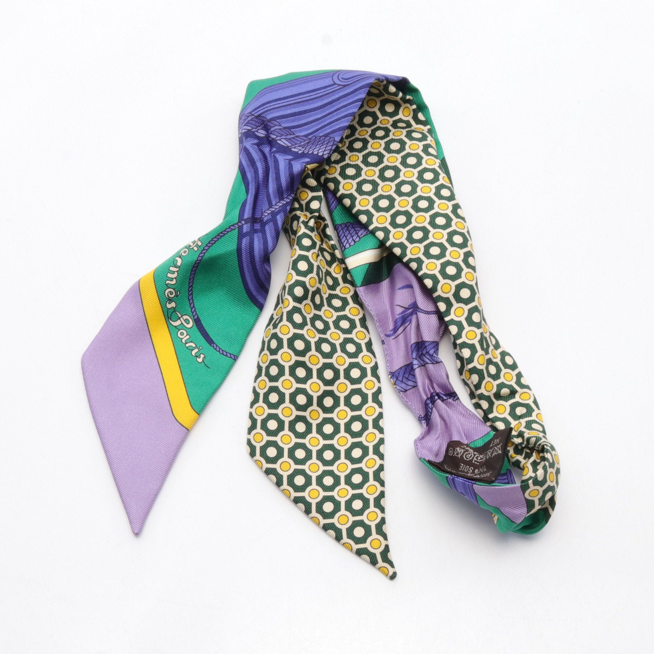Hermes Twilly Clic Clac Modern Cannage Ribbon Scarf Silk Purple Green Multicolor