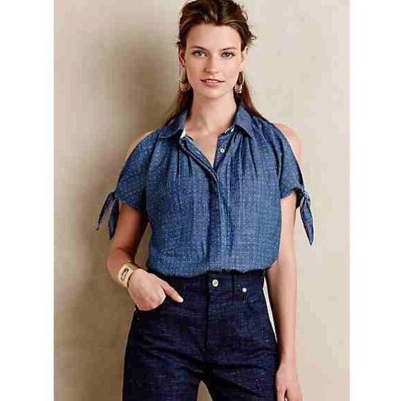 Anthropologie NWT Anthropologie Chambray Cold Shoulder Top | Coastal Cowgi Size M / US 6-8 / IT 42-44 - 2 Thumbnail
