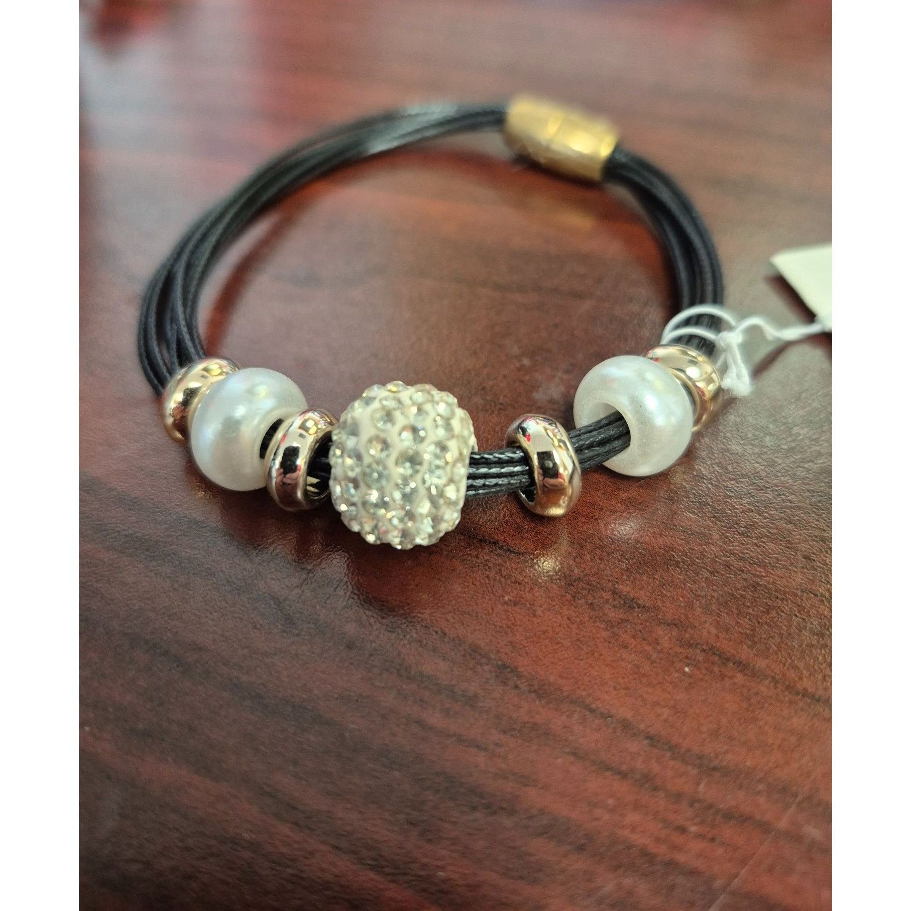 Other Black Leather Bracelet With Pearl & Rhinestone Beads Size ONE SIZE - 1 Preview