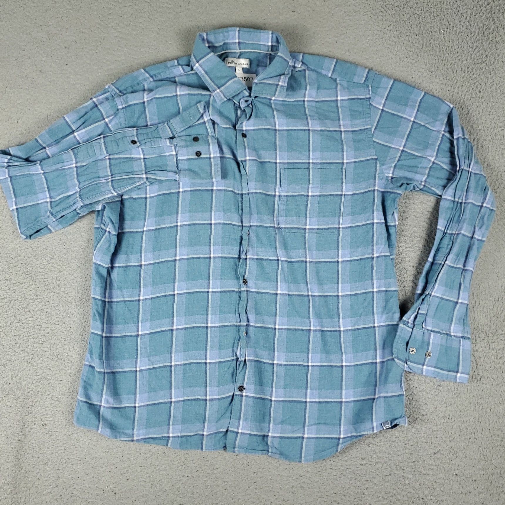 Peter Millar Peter Millar Shirt Mens Large Blue Plaid Lightweight Cotton Button-Up Shirt - Long Sleeve, Button-Down Collar, Pockets, All Seasons, Regular Fit Mens Size US L / EU 52-54 / 3 - 2 Thumbnail