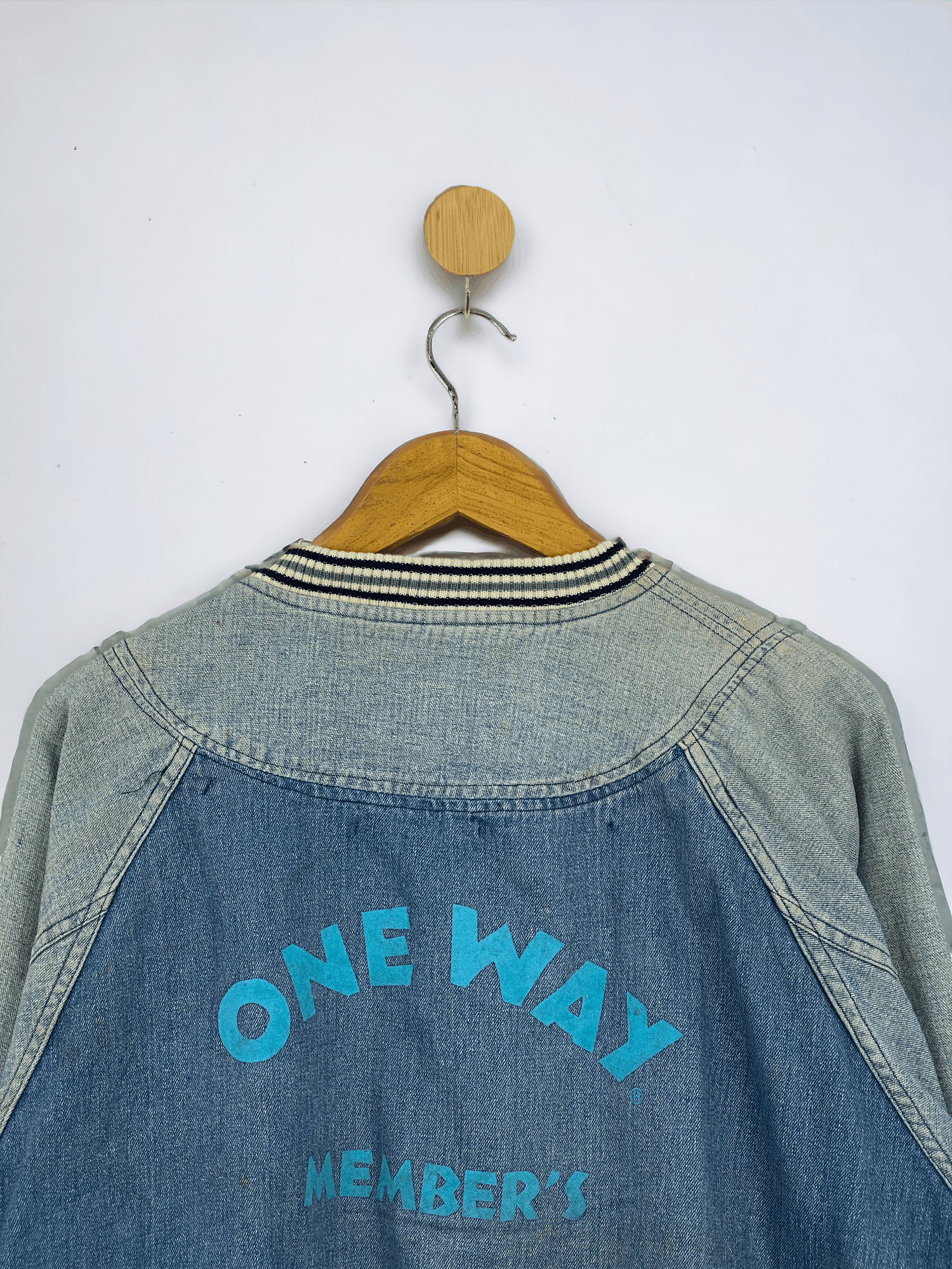 Japanese Brand Vintage 90s One Way Varsity Bomber Denim Jacket VA0005 Size US XL / EU 56 / 4 - 2 Thumbnail