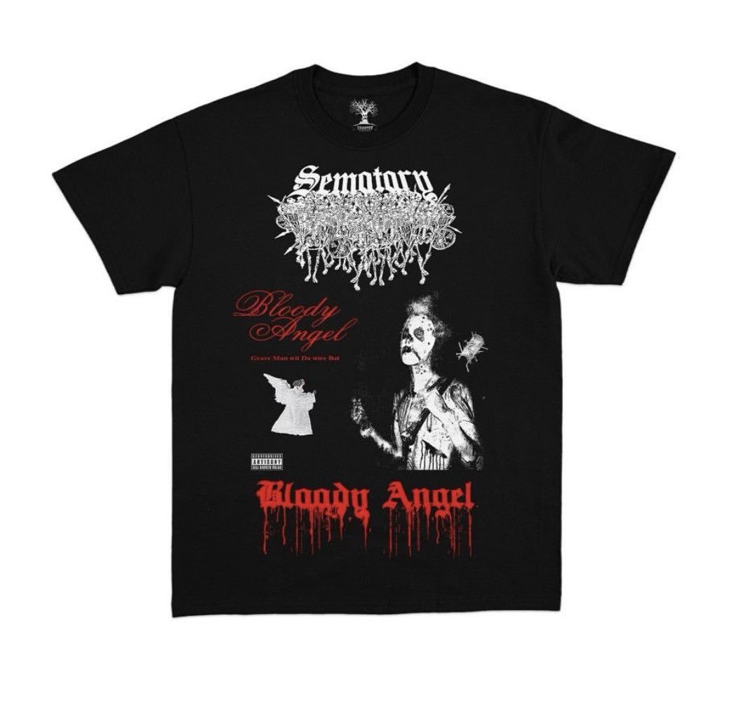 image of Drain Gang x Fuck The Population Sematary Haunted Mound-Bloody Angel Wire Bat T Shirt XL New in Red