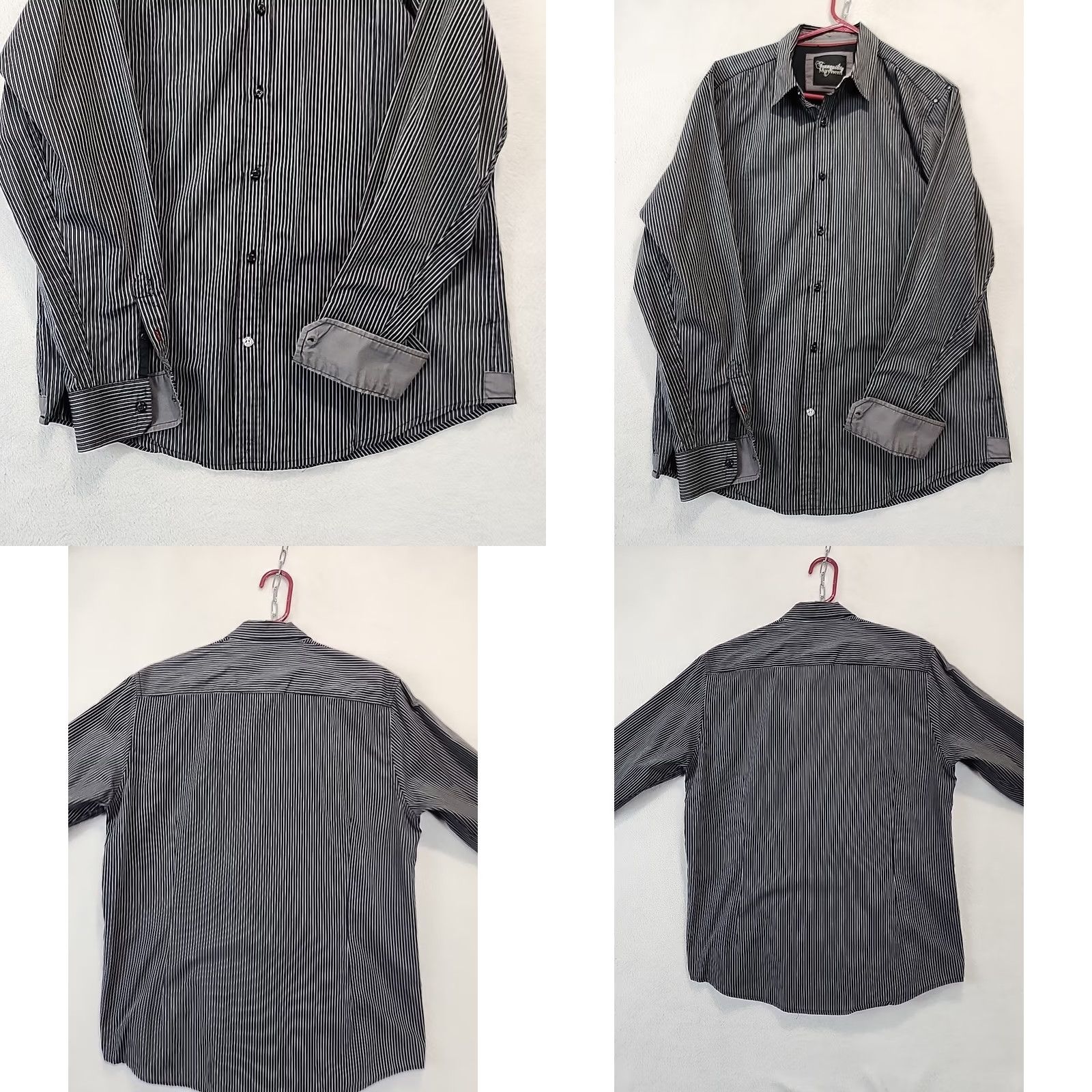 Vintage Tranquility Mayhem Men's Black Striped Long Sleeve Button-Up Shirt - L Regular, Fold-Over Flip Cuff, Pocket, All Seasons, Woven Size 42R - 9 Thumbnail