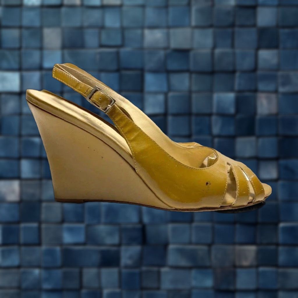 Vintage VINTAGE Women’s Kate Spade Mustard Yellow Patent Leather Slingback Wedge Heels 7.5 Womens Size US 8 / IT 38 - 1 Thumbnail
