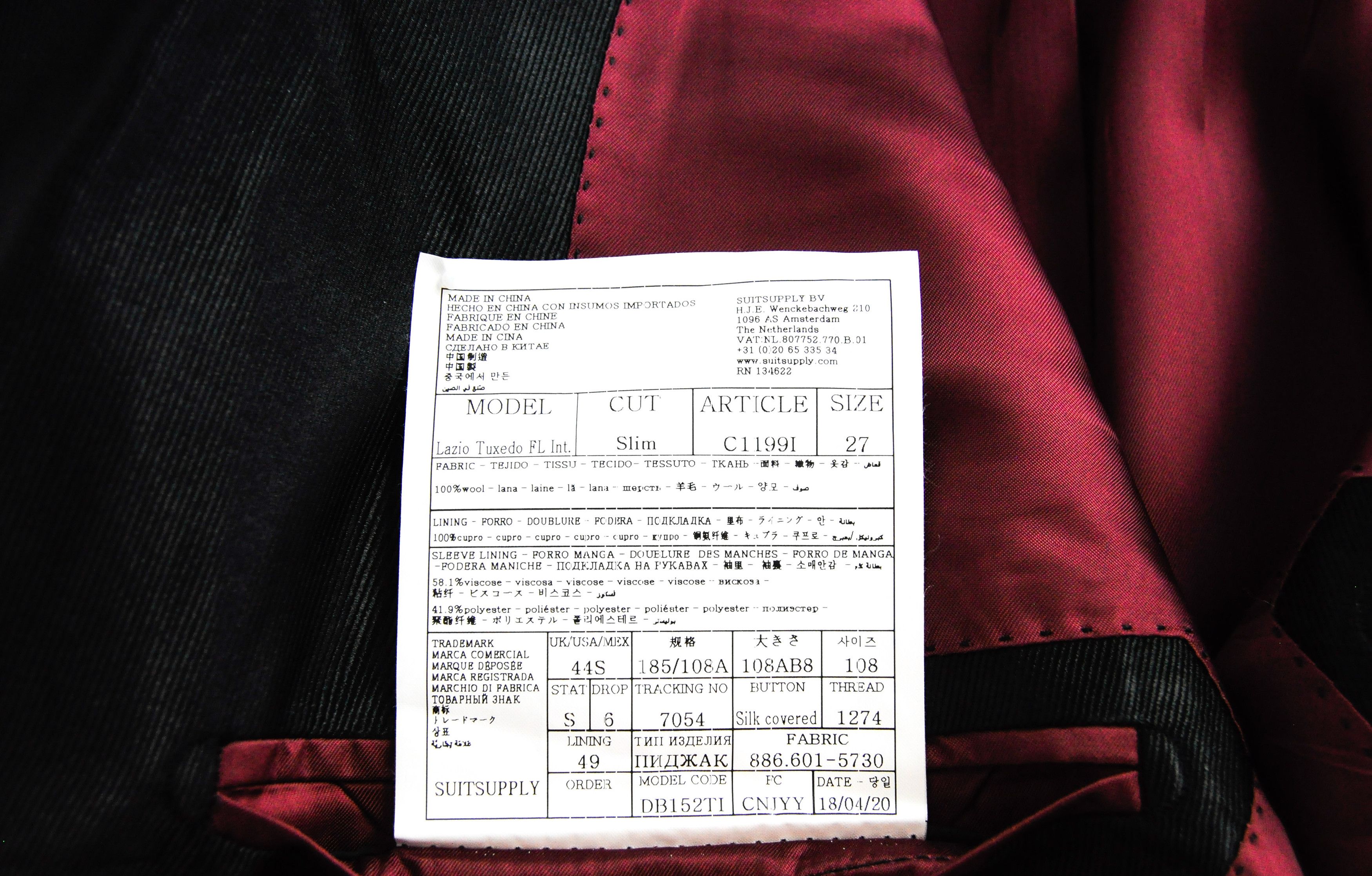 Suitsupply LAZIO TUX UK44S Black Wool 2 Piece Suit 57834 Size 44S - 11 Thumbnail