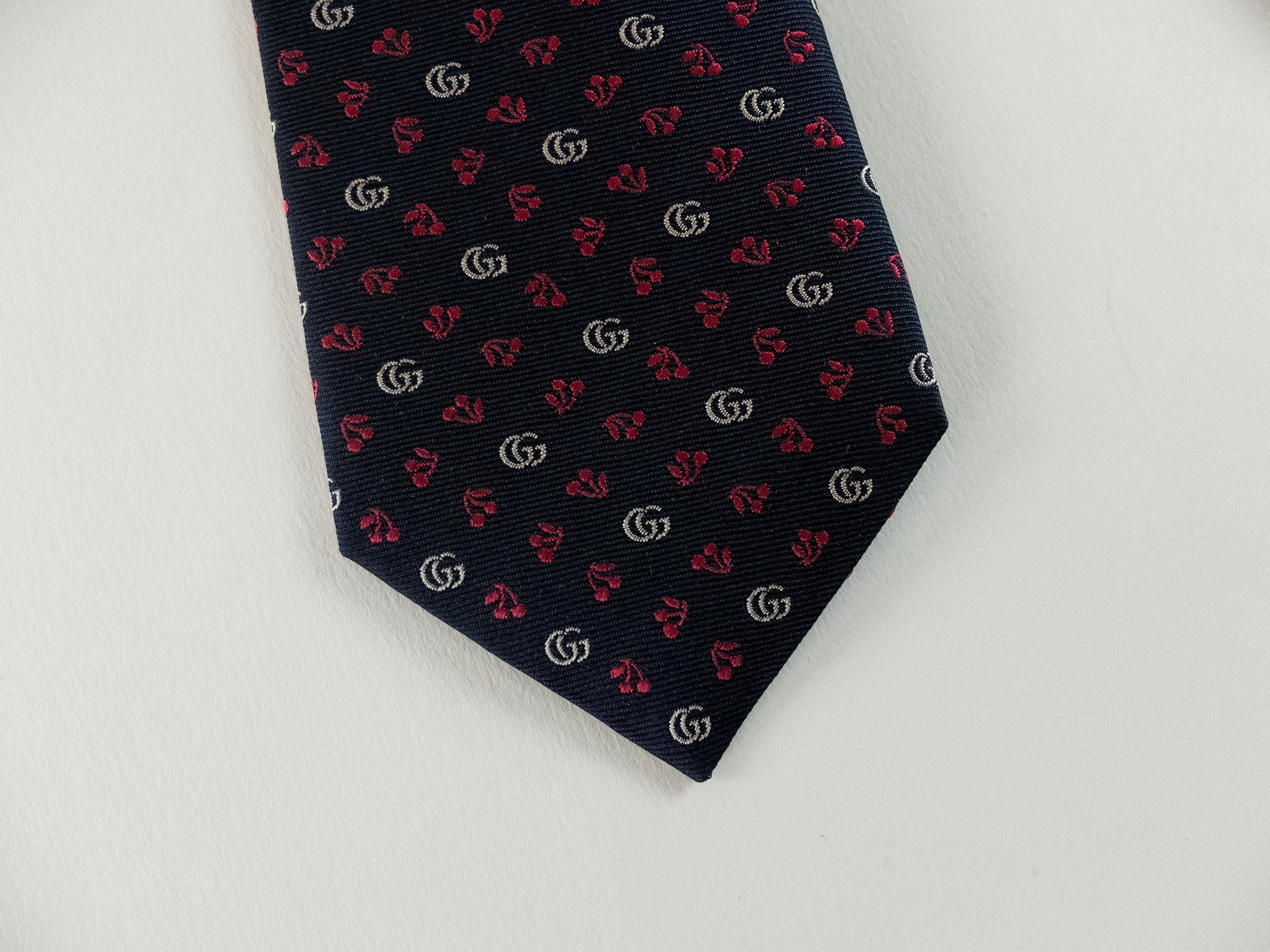 Gucci GUCCI navy blue cherry & interlocking G logo silk tie Size ONE SIZE - 2 Thumbnail