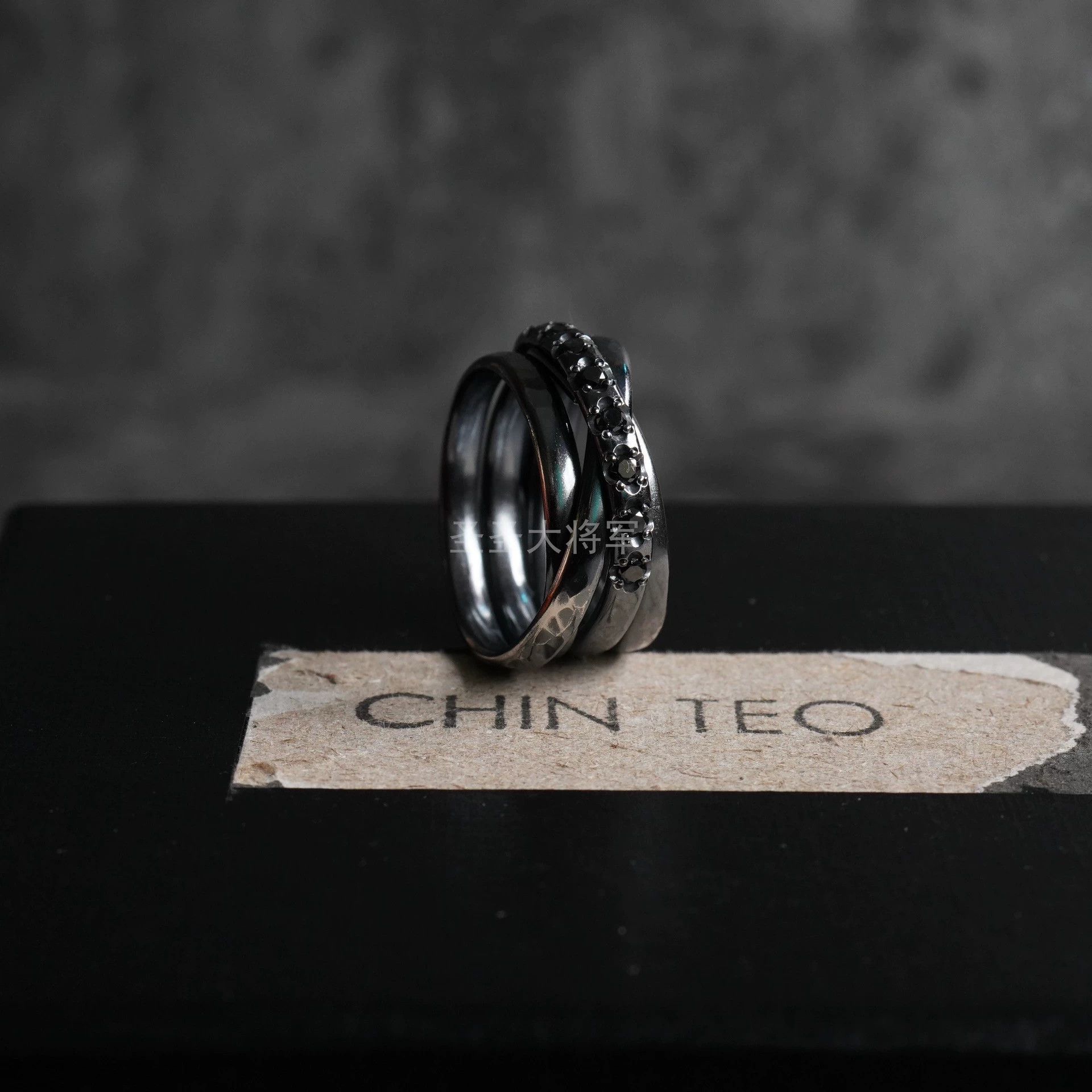 Chin Teo Chin Teo Mini Birdcage 8 Black Diamond Oxidized SS Ring 2 Size ONE SIZE - 3 Thumbnail