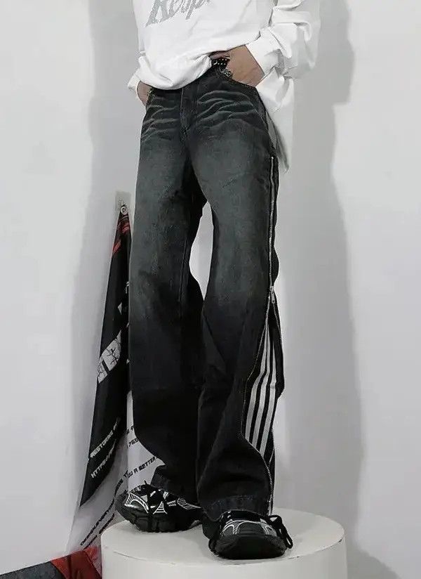 Designer striped pattern zip embellished jeans Size US 31 - 2 Thumbnail