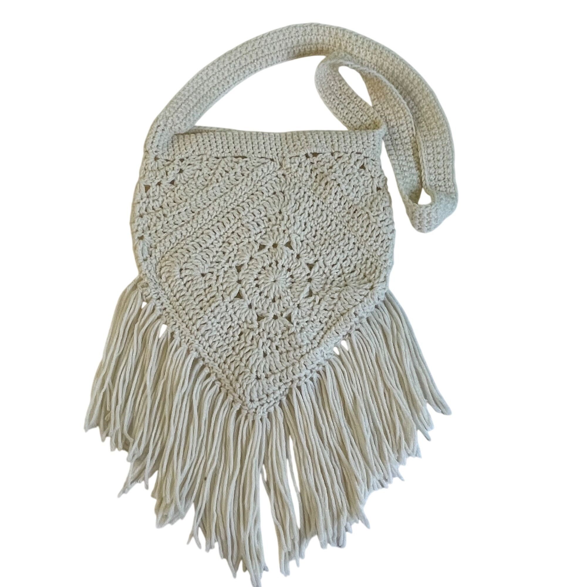 Handmade Hippie Purse Crochet Fringed Retro Boho Style Off White Hand Size ONE SIZE - 1 Thumbnail