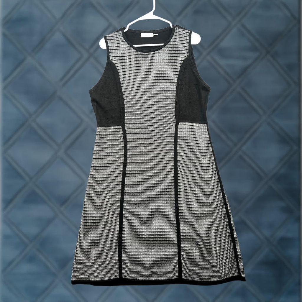 Calvin Klein Calvin Klein Women's Black Stripe Knit Sweater Dress Sleeveless | Size L | Black Knit A-Line Dress Womens Size L / US 10 / IT 46 - 1 Thumbnail