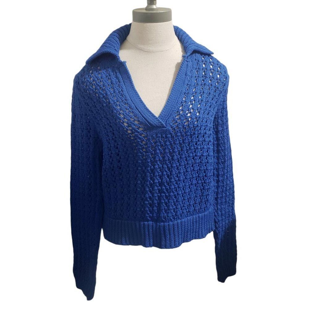 Mango CT1948 MNG Mango Blue open Stitch Cropped Sweater L Size L / US 10 / IT 46 - 1 Thumbnail