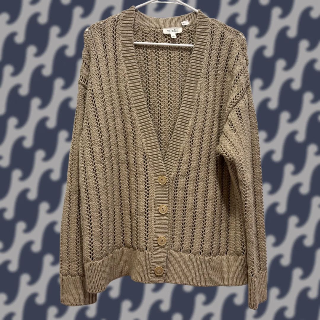 Vintage Haven Well Within Cardigan Sweater V-Neck Beige Open-Knit Pointelle Womens L Cardigan Size L / US 10 / IT 46 - 1 Thumbnail
